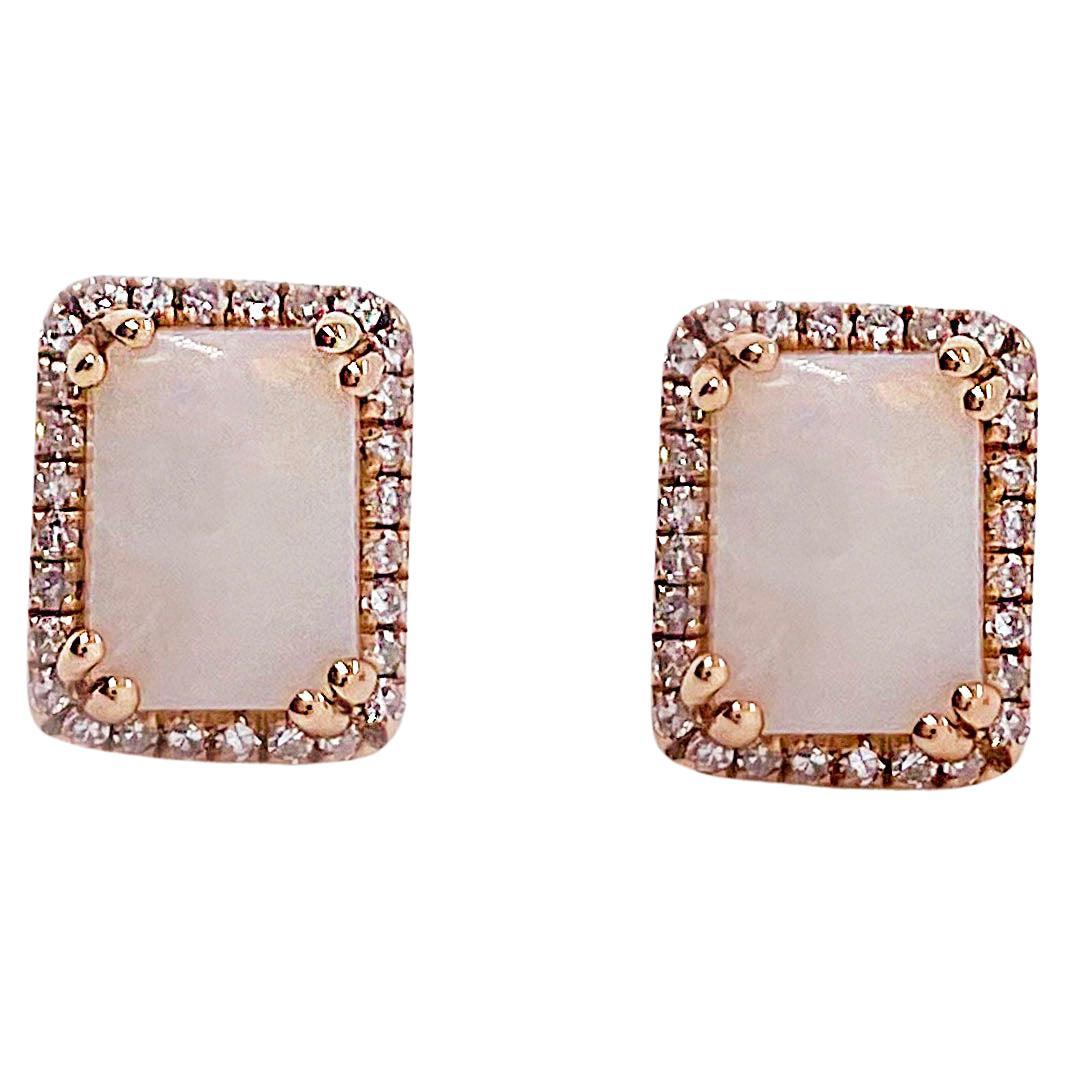 Rose Opal Earrings with Diamond Halo in Rose Gold, Australian Opals Cushion Cut