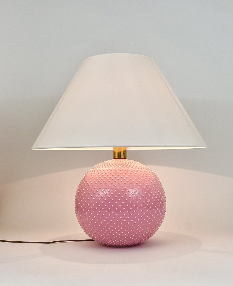 Rosé Pastel Polka Dot Sphere Table Lamp, Ceramic, Brass, Studio Paf