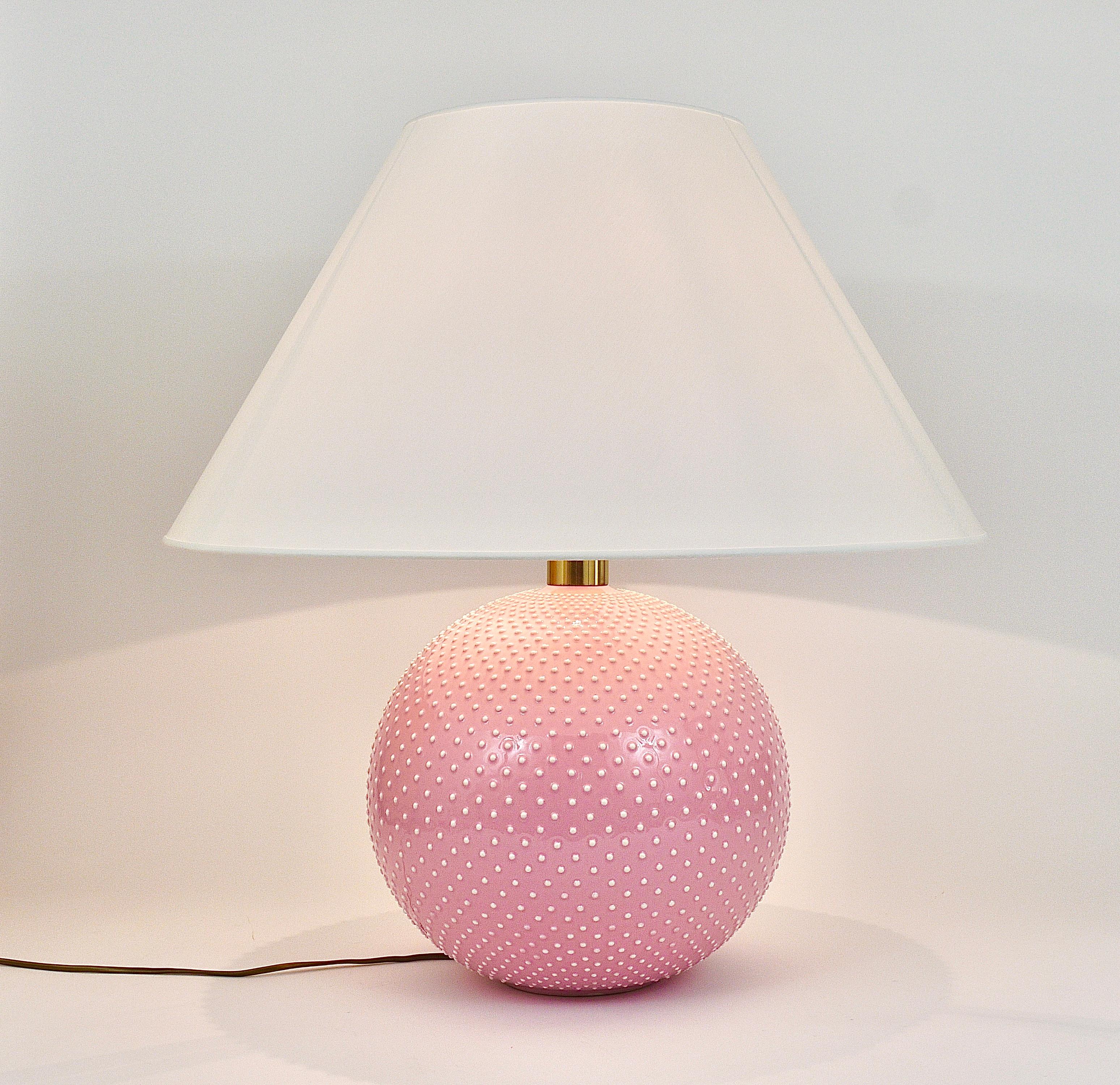Glazed Rosé Pastel Polka Dot Sphere Table Lamp, Ceramic, Brass, Studio Paf Milano, 1970 For Sale