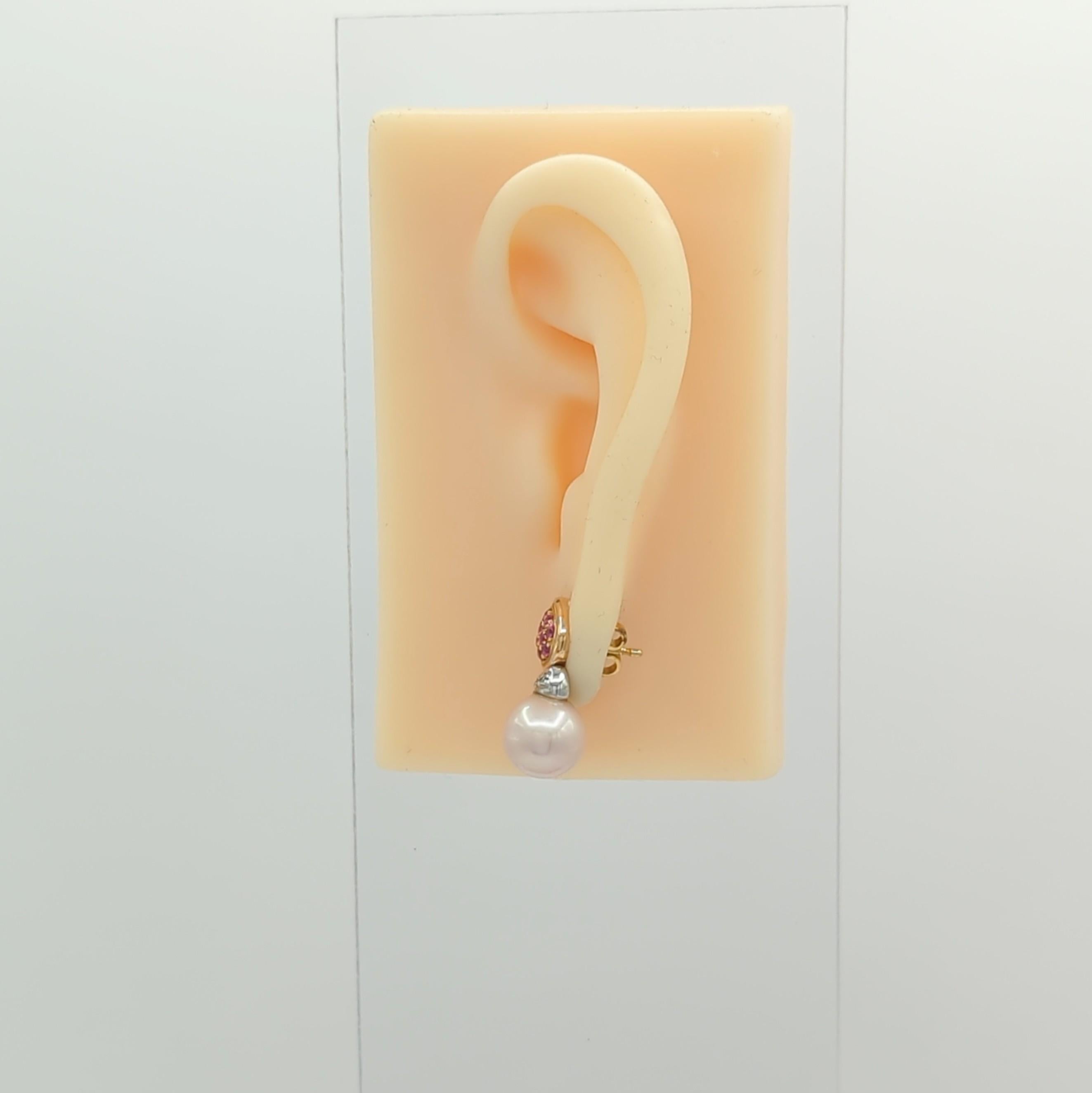 Taille ronde Boucles d'oreilles en or bicolore 18K perle rose, saphir rose et diamant blanc en vente