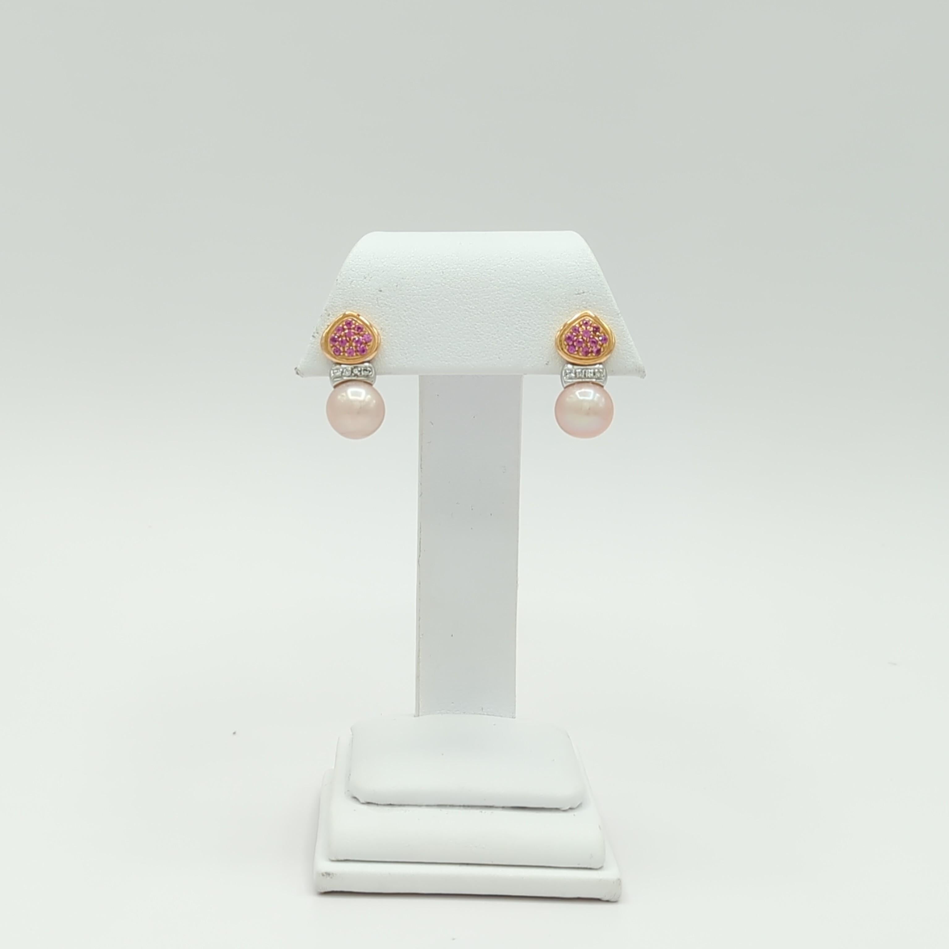 Boucles d'oreilles en or bicolore 18K perle rose, saphir rose et diamant blanc Neuf - En vente à Los Angeles, CA