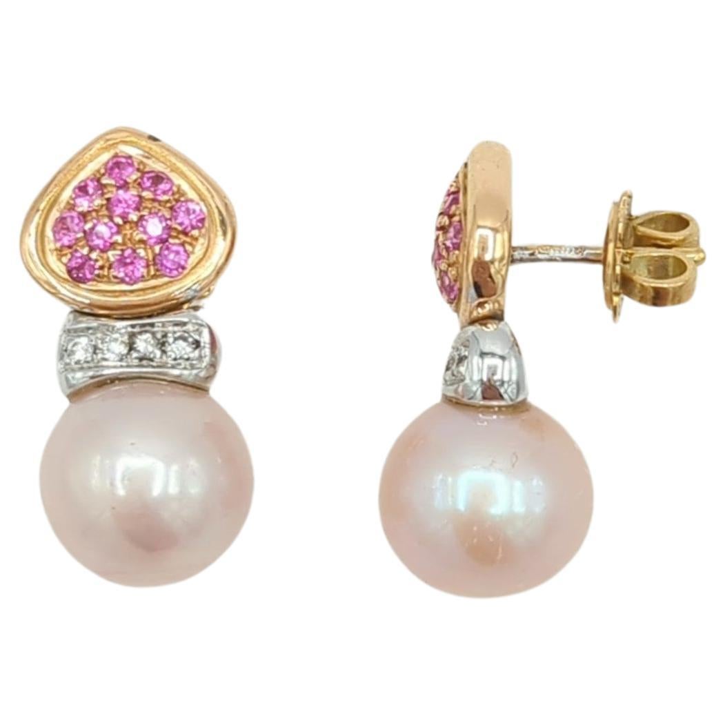 Women's or Men's Rose Pearl, Pink Sapphire, and White Diamond Earrings in 18K 2 Tone Gold For Sale