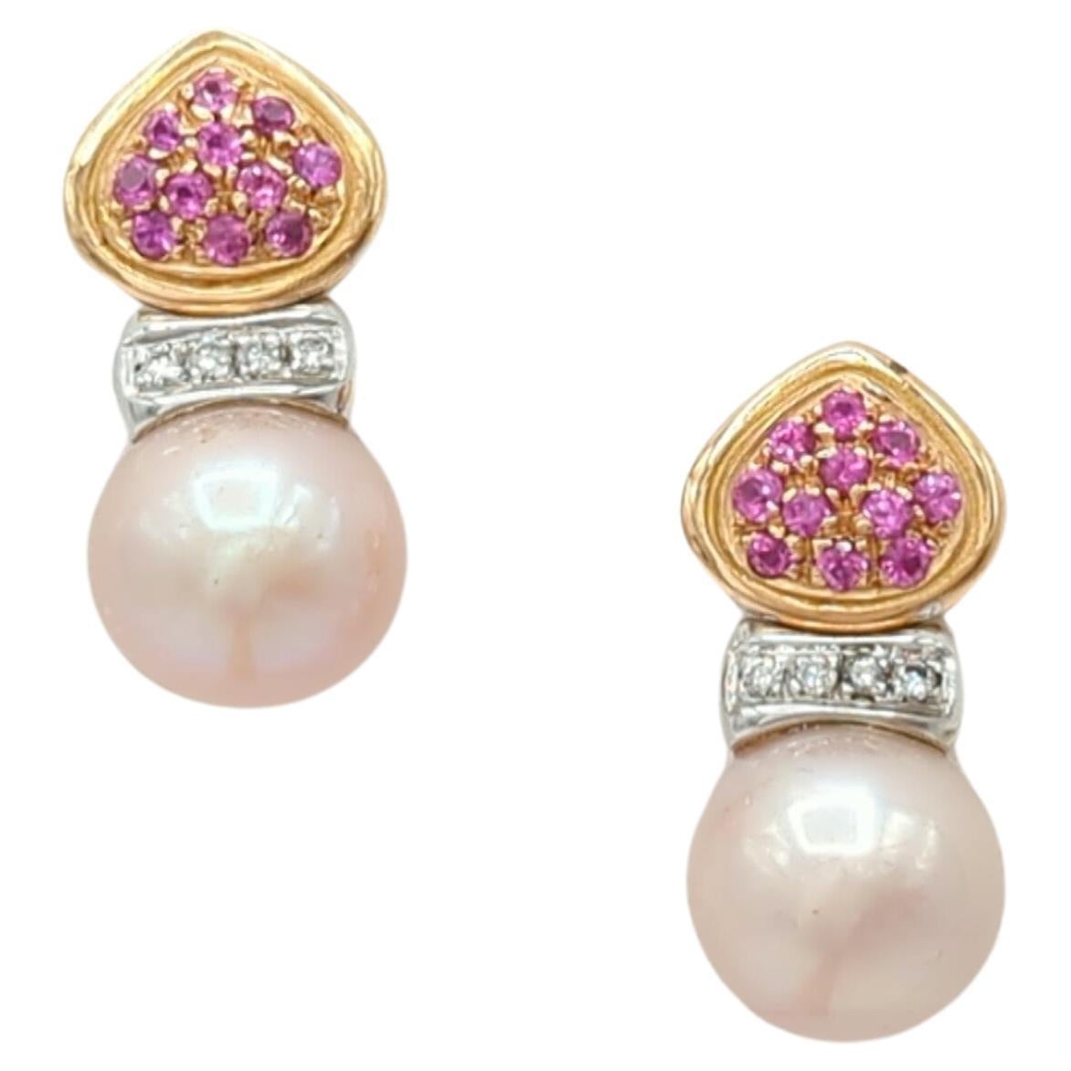 Rose Pearl, Pink Sapphire, and White Diamond Earrings in 18K 2 Tone Gold For Sale