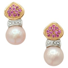 Rose Pearl, Pink Sapphire, and White Diamond Earrings in 18K 2 Tone Gold