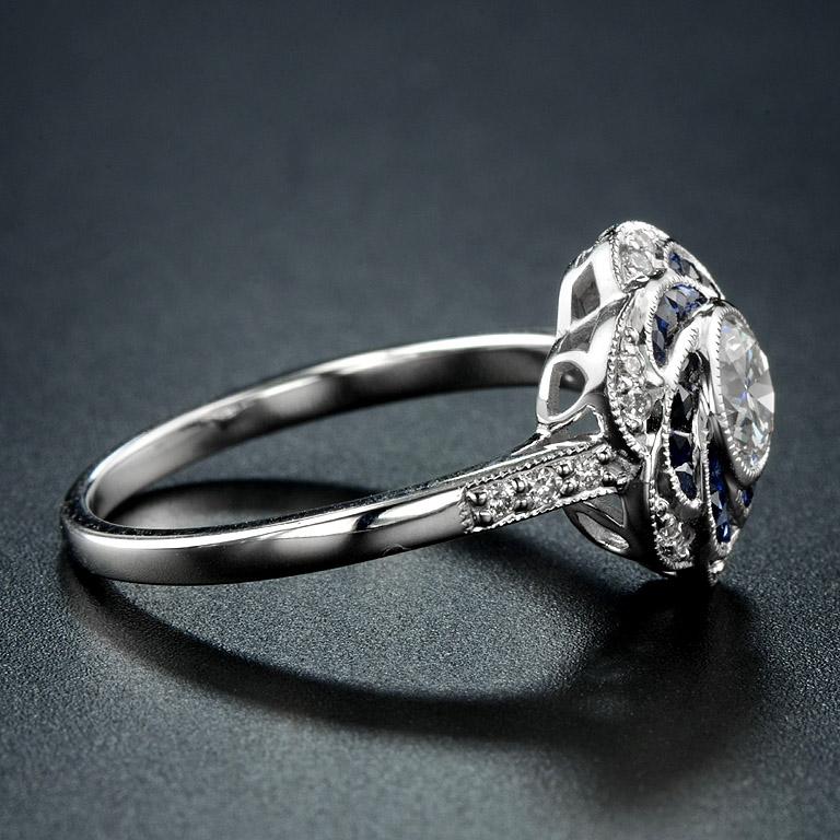 Art Deco Rose Petal Floral Style Diamond & Blue Sapphire Engagement 18K White Gold Ring For Sale