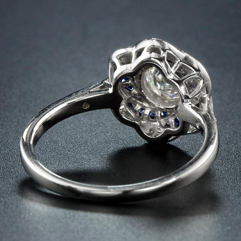 French Cut Rose Petal Floral Style Diamond & Blue Sapphire Engagement 18K White Gold Ring For Sale