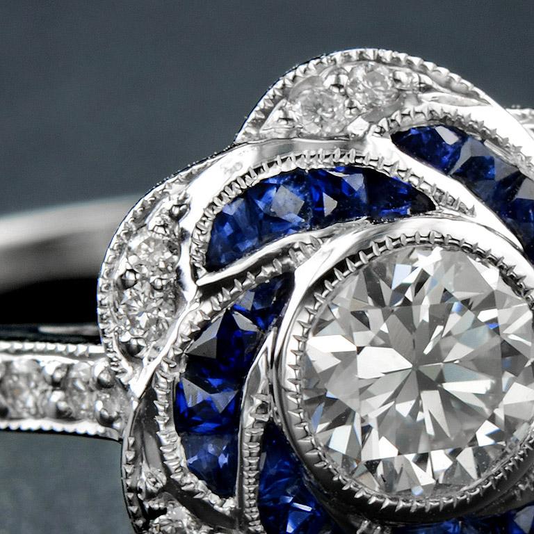 Rose Petal Floral Style Diamond & Blue Sapphire Engagement 18K White Gold Ring In New Condition For Sale In Oakton, VA