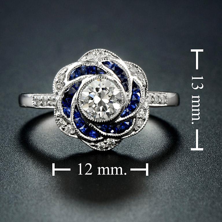 Women's or Men's Rose Petal Floral Style Diamond & Blue Sapphire Engagement 18K White Gold Ring For Sale