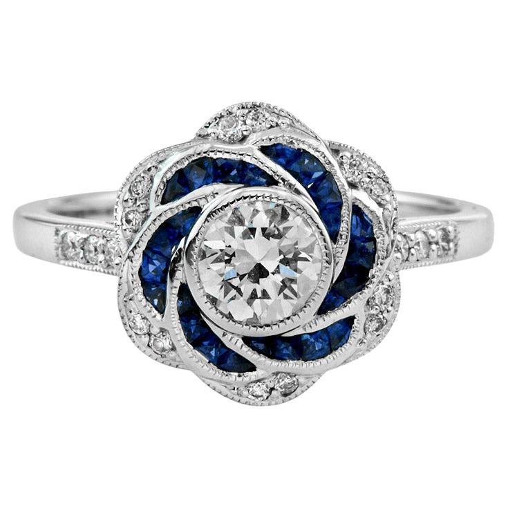 Rose Petal Floral Style Diamond & Blue Sapphire Engagement 18K White Gold Ring