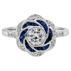 Rose Petal Floral Style Diamond & Blue Sapphire Engagement 18K White Gold Ring