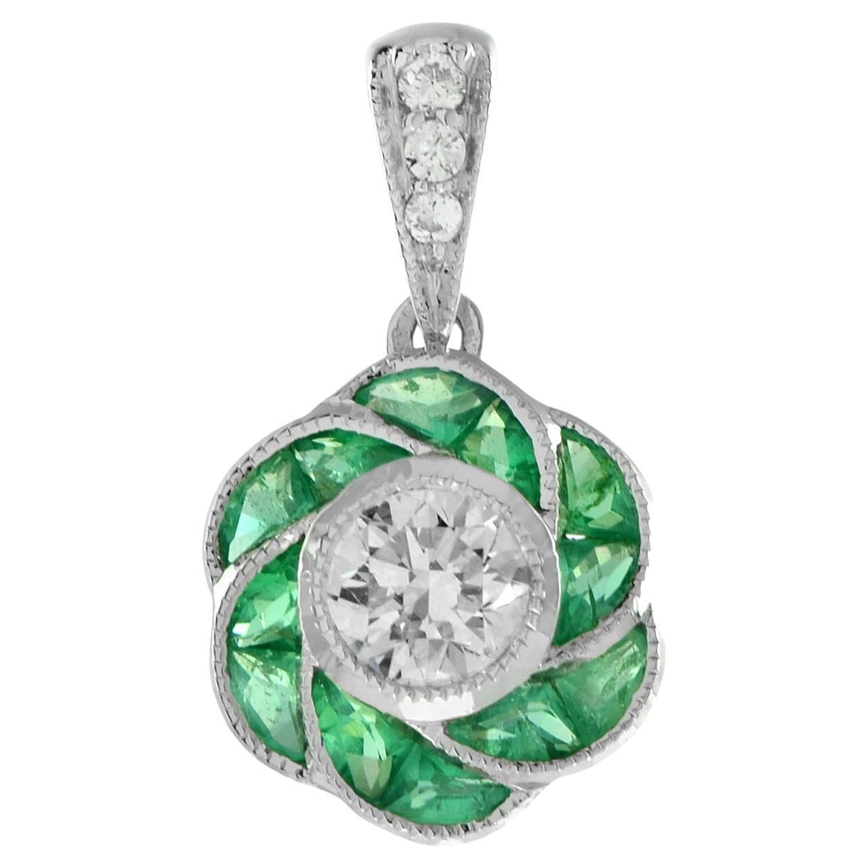 Rose Petal Flower Diamond  French Cut Emerald Art Deco Style White Gold Pendant