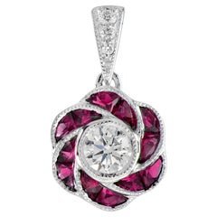 Rose Petal Flower Diamond with French Cut Ruby Art Deco Style White Gold Pendant