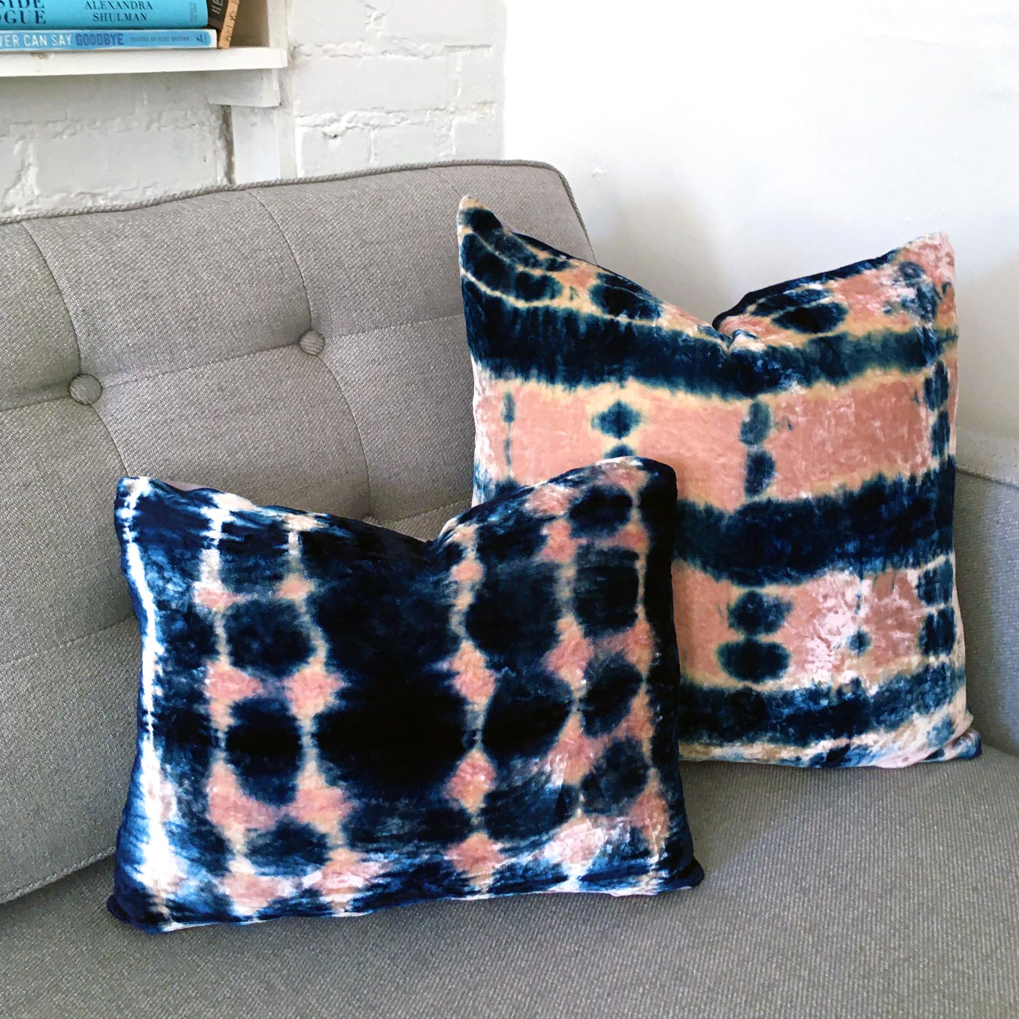 Modern Hand-dyed Velvet Throw Pillow in Rose Pink & Indigo Blue Ripple Pattern