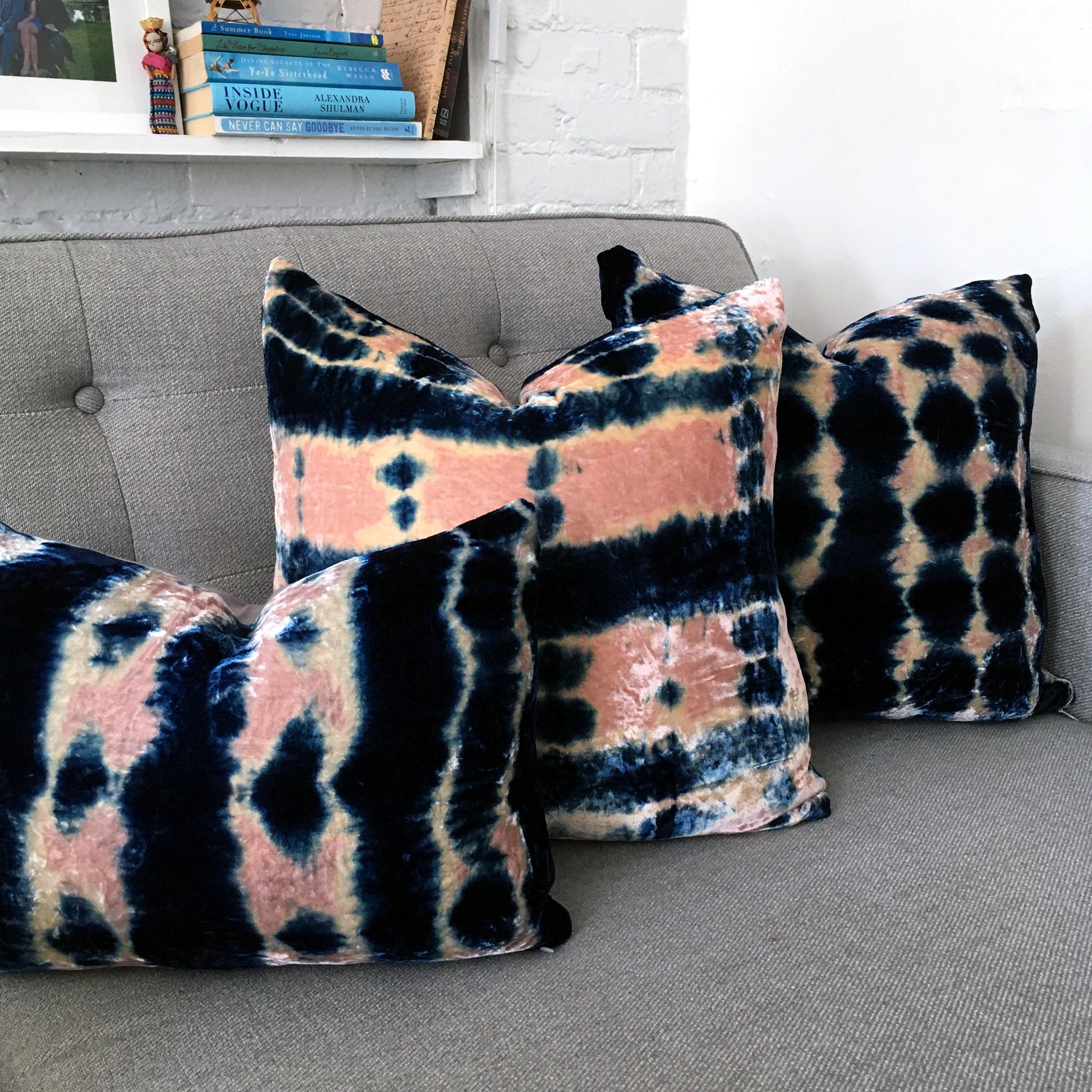 Modern Hand-dyed Velvet Throw Pillow in Rose Pink & Indigo Blue Morse Pattern