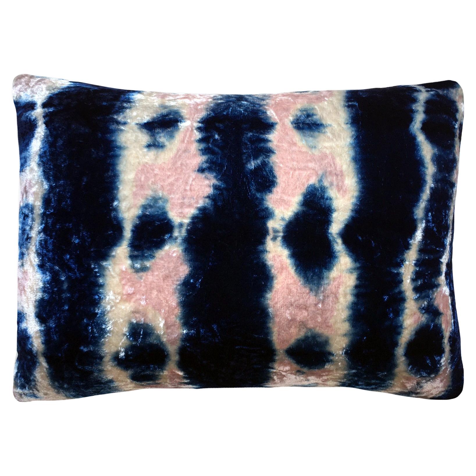 Hand-dyed Velvet Throw Pillow in Rose Pink & Indigo Blue Morse Pattern