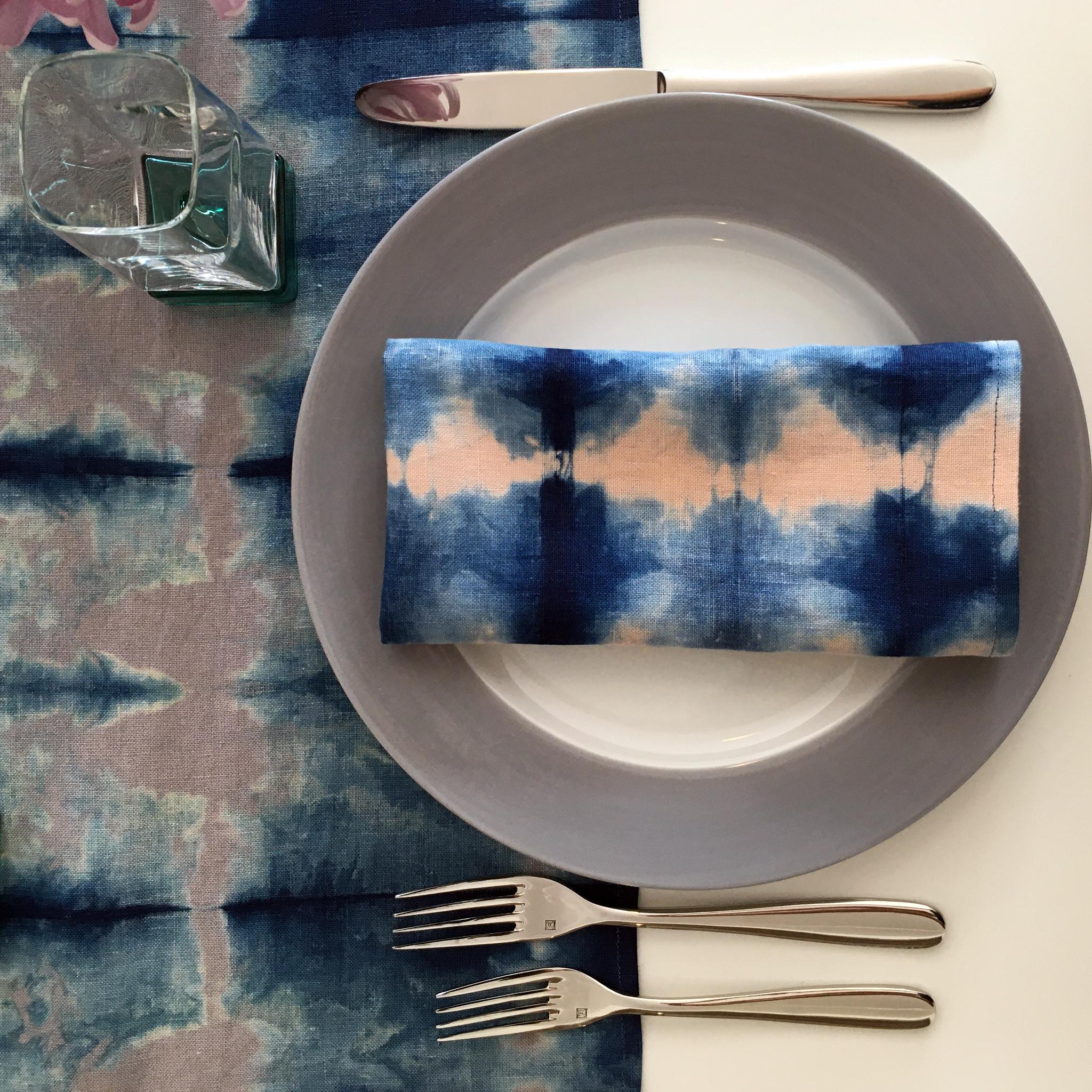 Rose linen napkins, set of four, dyed with indigo in Pleat pattern.

Hand-dyed and sewn in New York City.

Napkins measure approximately 18 x 18 inches.

Each linen napkin is hand dyed and one of a kind, slight variations may occur within the