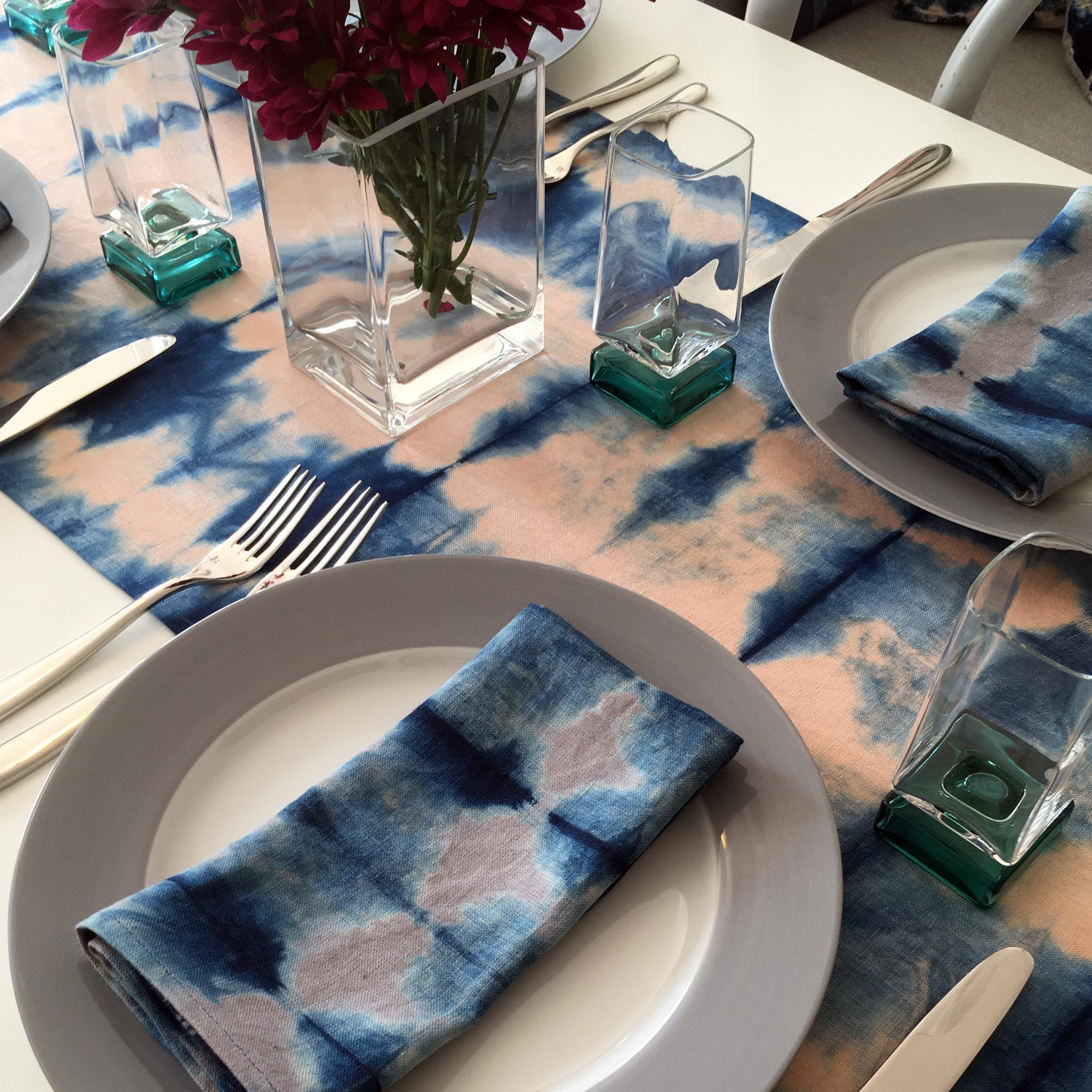 Modern Hand Dyed Linen Table Runner, Rose Pink & Indigo Blue