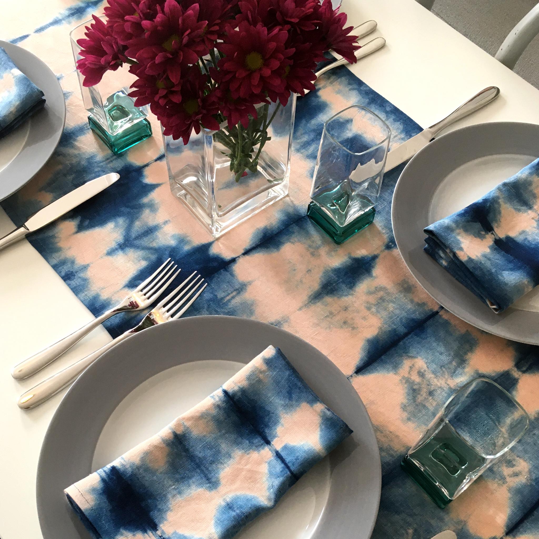 Hand Dyed Linen Table Runner, Rose Pink & Indigo Blue In New Condition In New York, NY