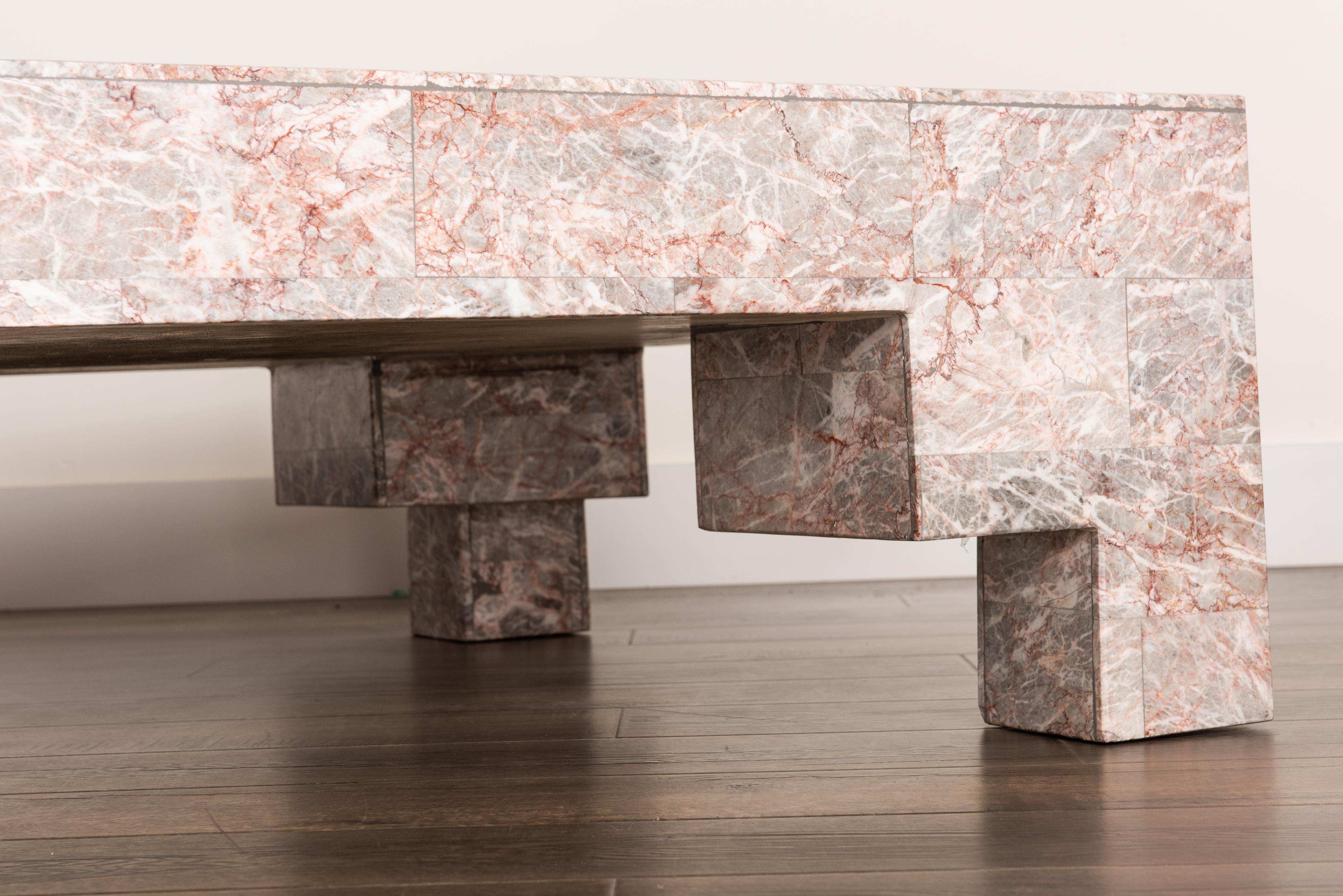Rose Pink and Grey Marble Post-Modern Coffee Table, circa 1980 2