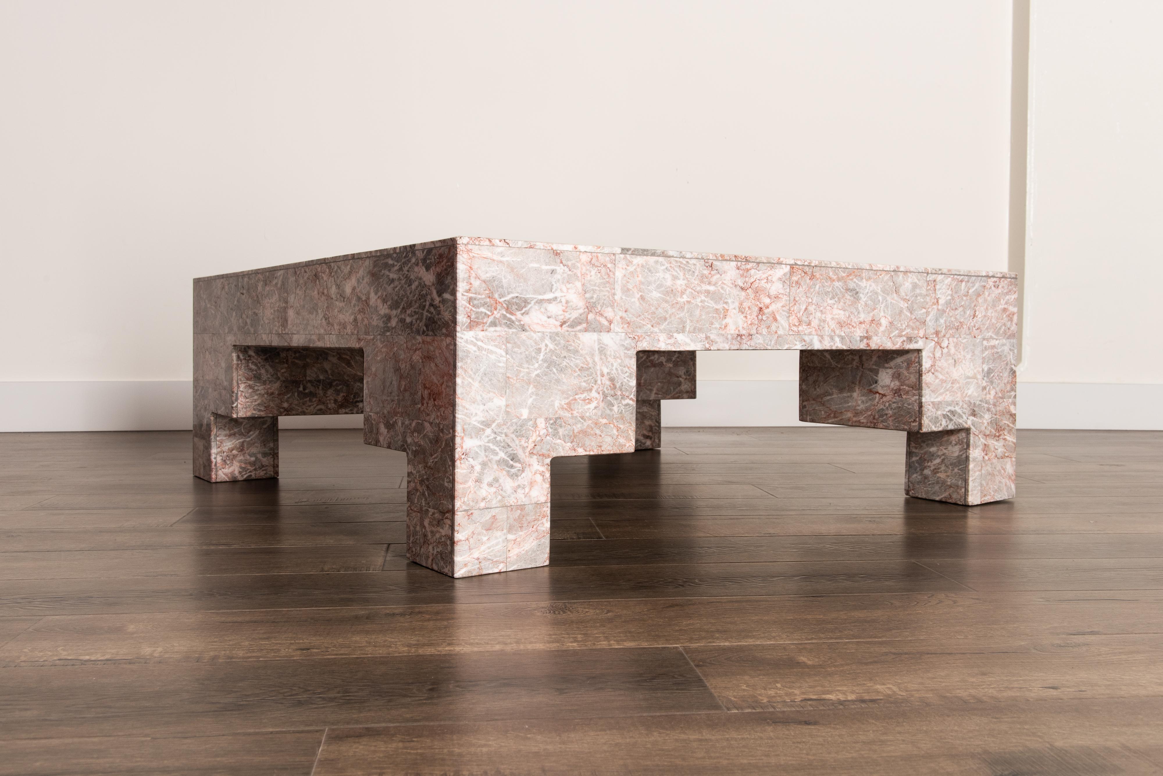 Rose Pink and Grey Marble Post-Modern Coffee Table, circa 1980 3