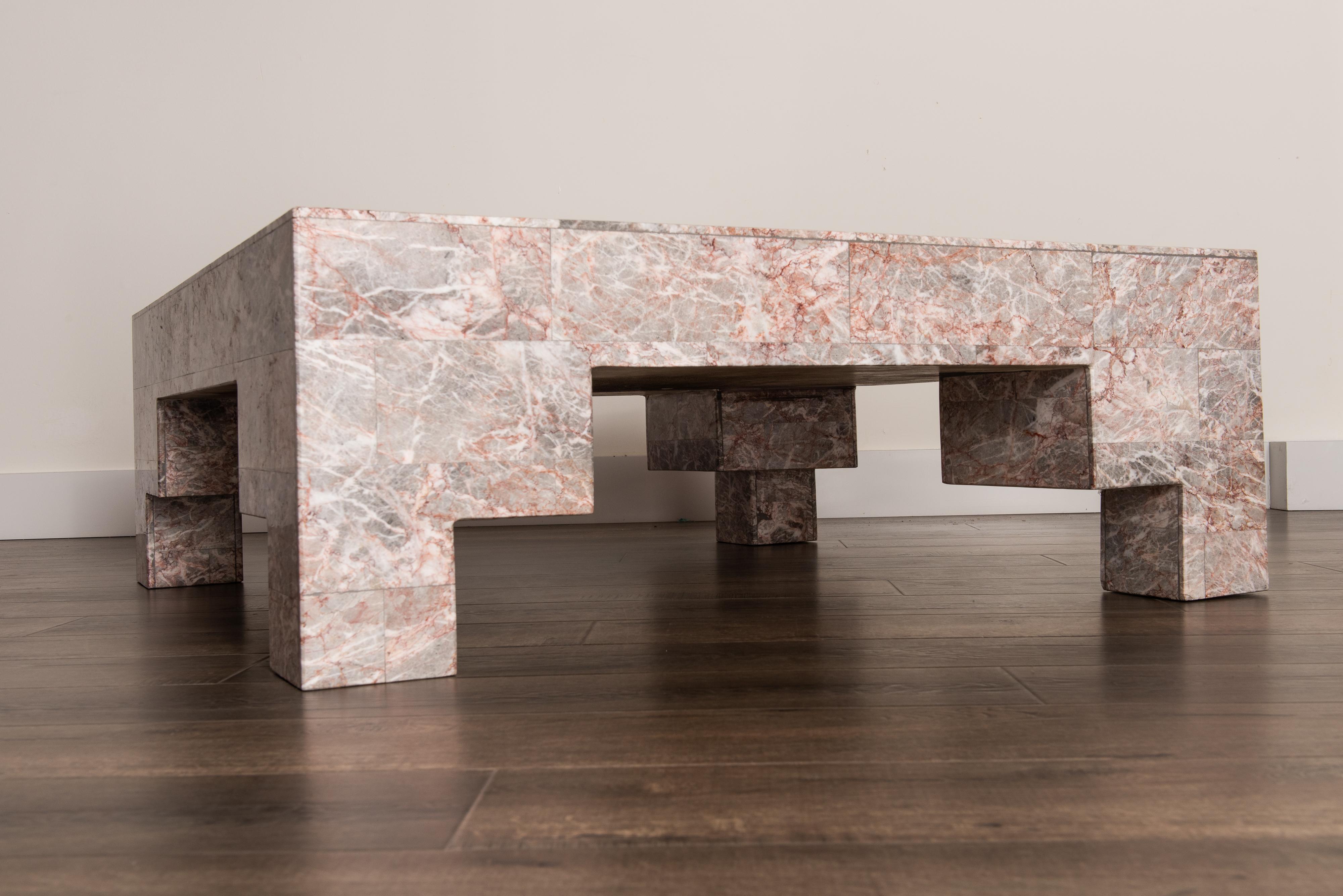 Rose Pink and Grey Marble Post-Modern Coffee Table, circa 1980 4