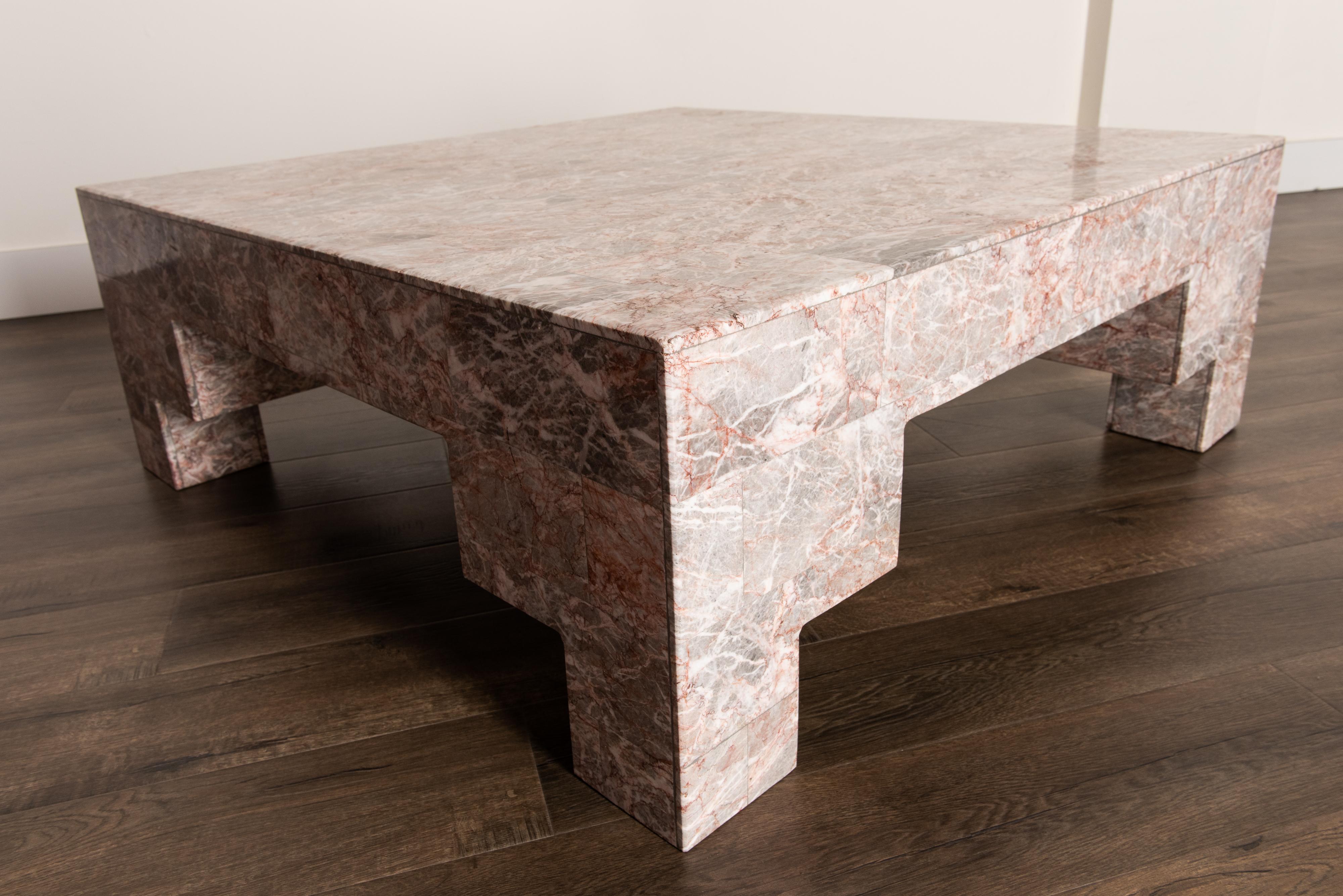 Rose Pink and Grey Marble Post-Modern Coffee Table, circa 1980 5