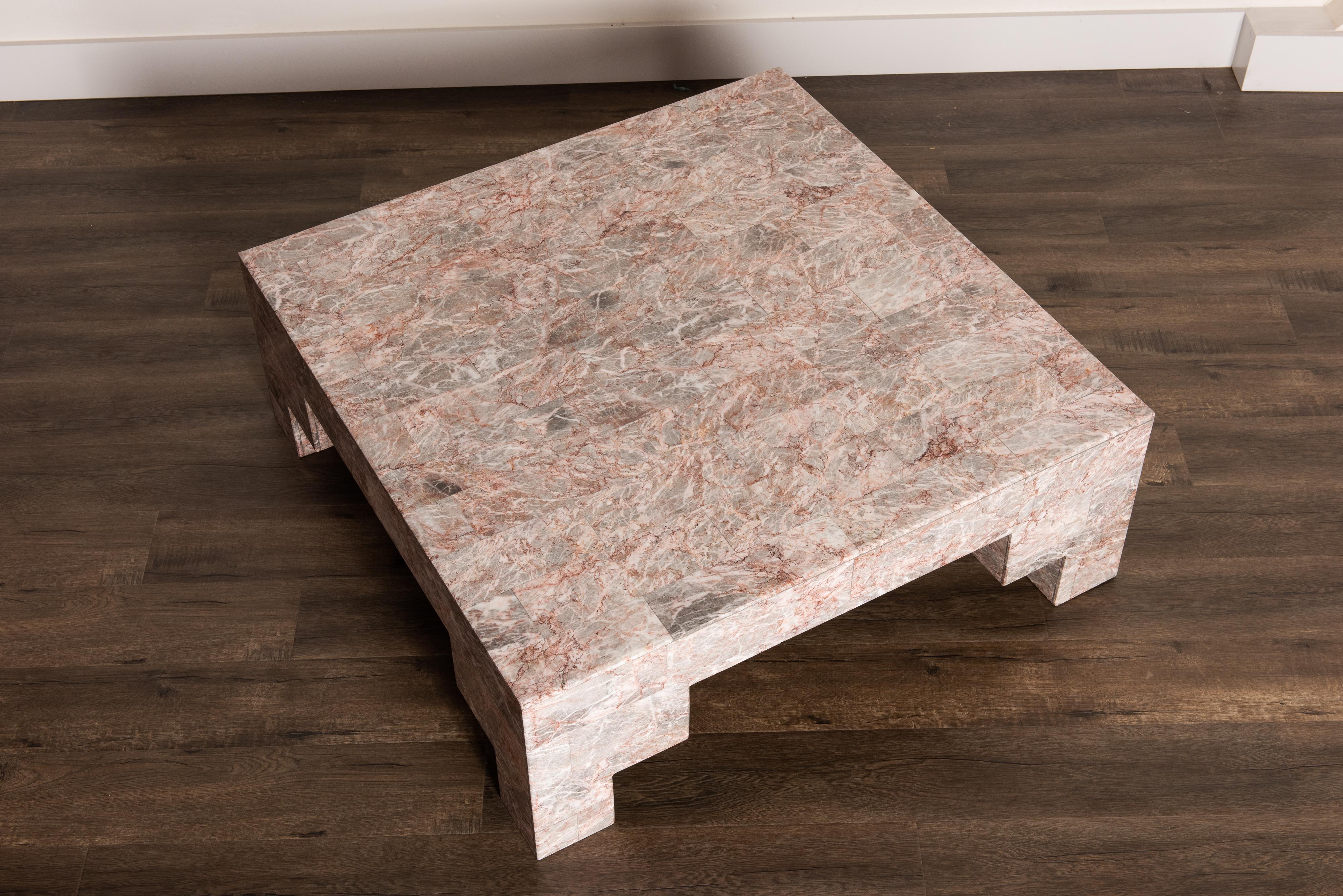 Rose Pink and Grey Marble Post-Modern Coffee Table, circa 1980 In Good Condition In Los Angeles, CA