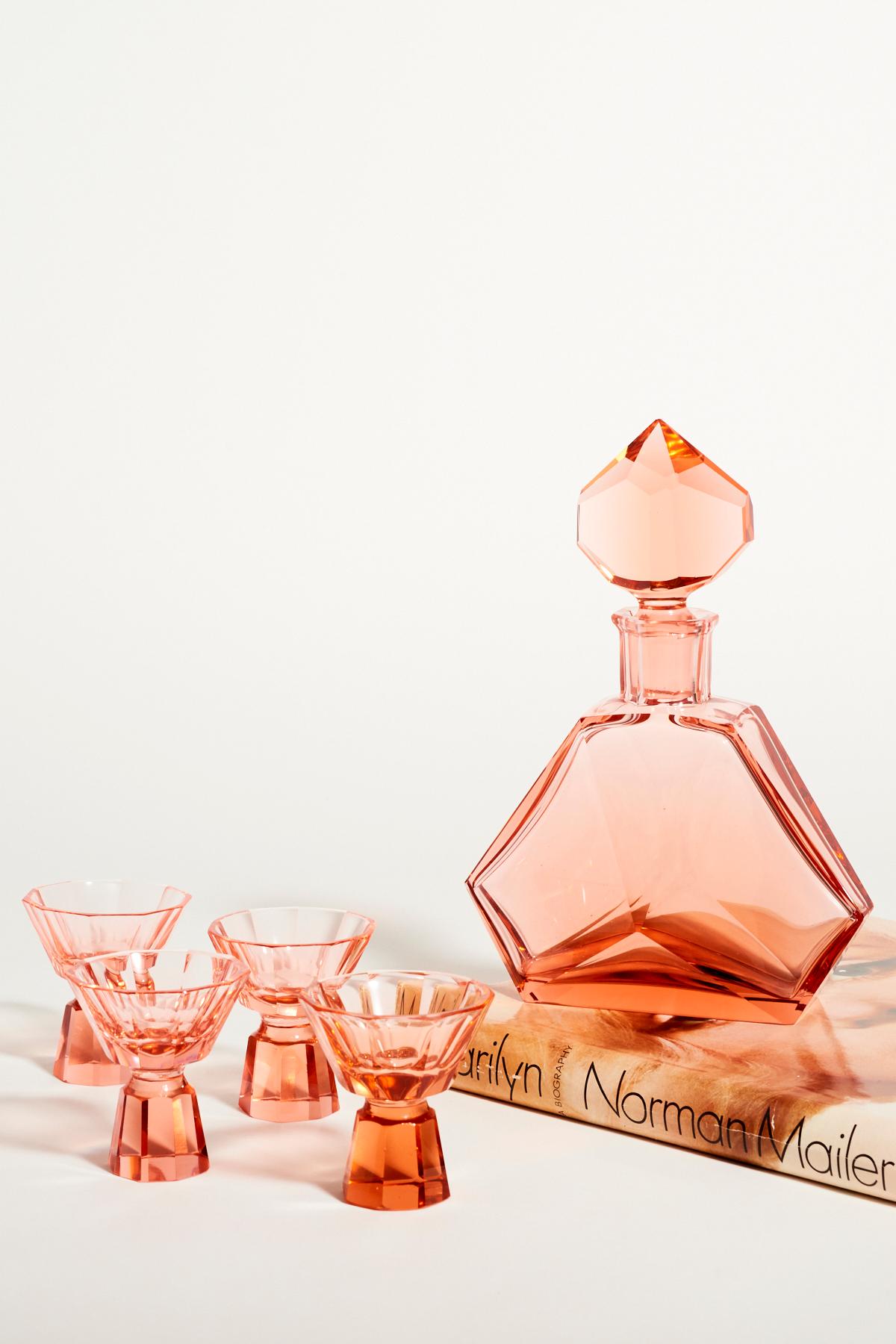 Mid-20th Century Rose Pink Faceted Decanter Set of Five