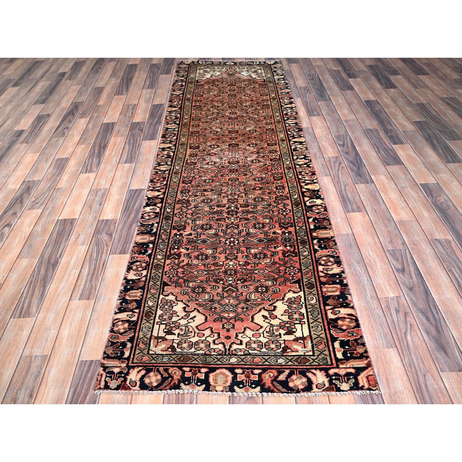 Medieval Rose Pink Natural Wool Hand Knotted Old Persian Hussainabad Clean Runner Rug For Sale