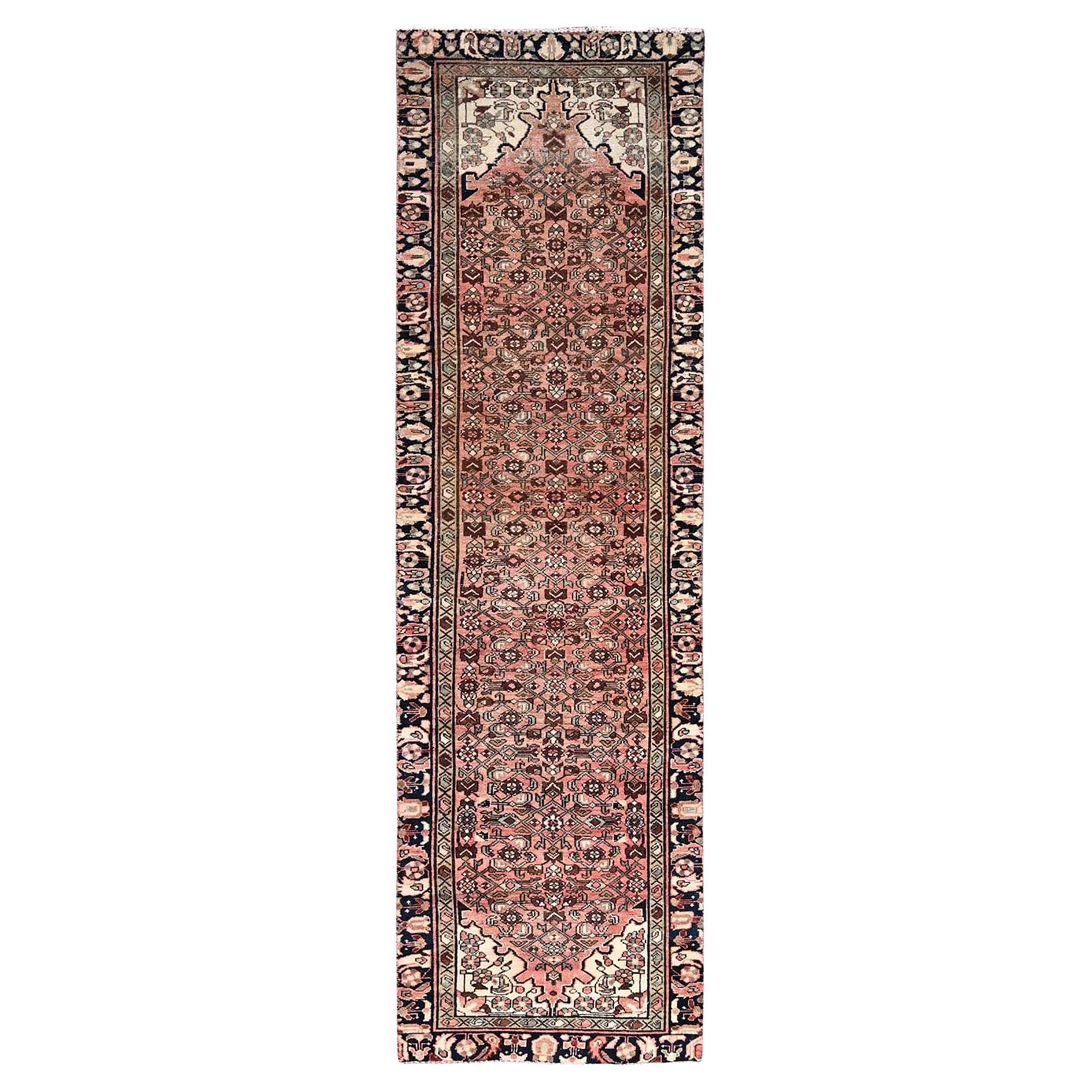 Rose Pink Natural Wool Hand Knotted Old Persian Hussainabad Clean Runner Rug