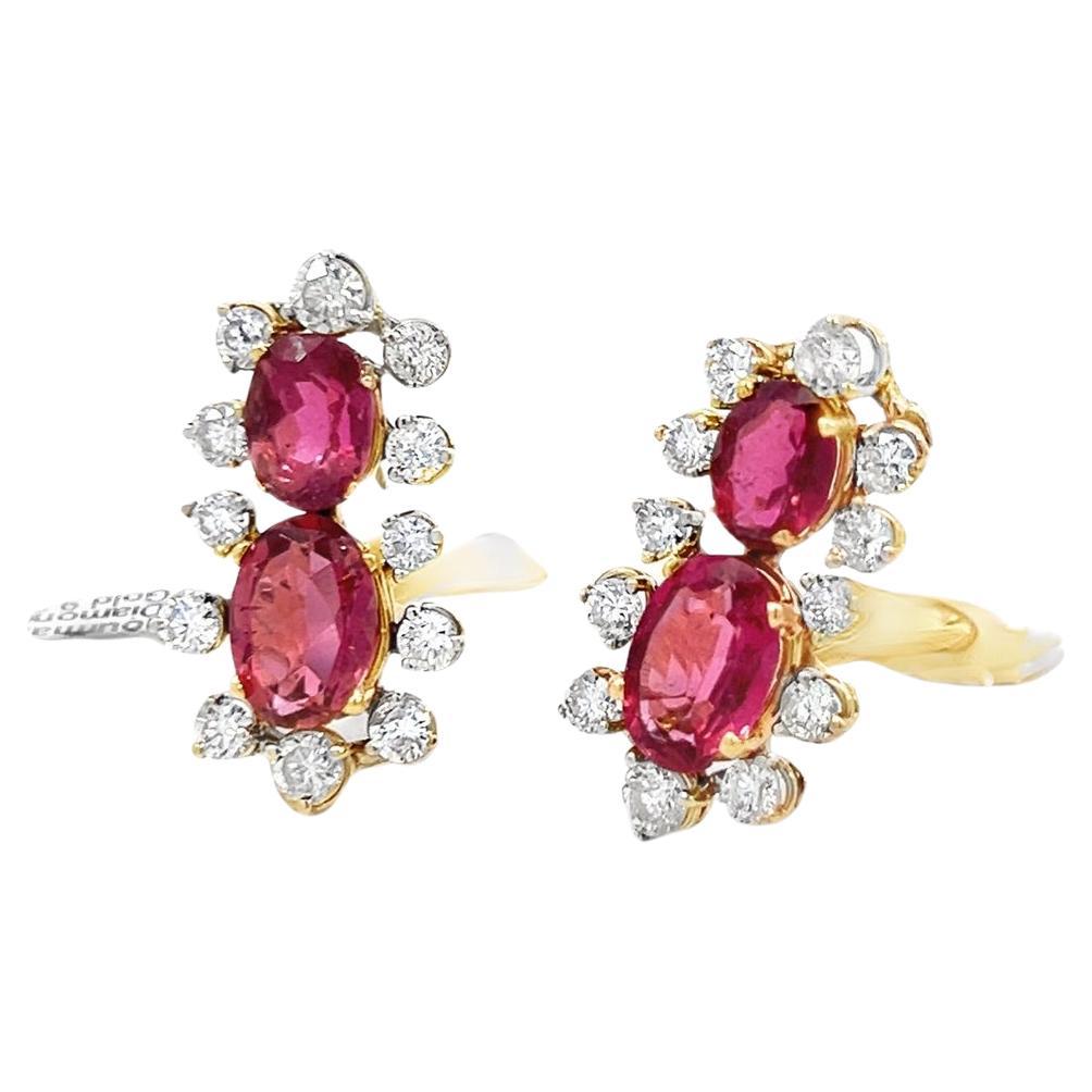 These 14K Yellow Gold Rose Pink Tourmaline Diamond Earrings are a sophisticated addition to any collection. Featuring four oval-shaped rose pink tourmalines, the vibrant stones are framed by 24 diamonds, with an estimated total weight of 2.50
