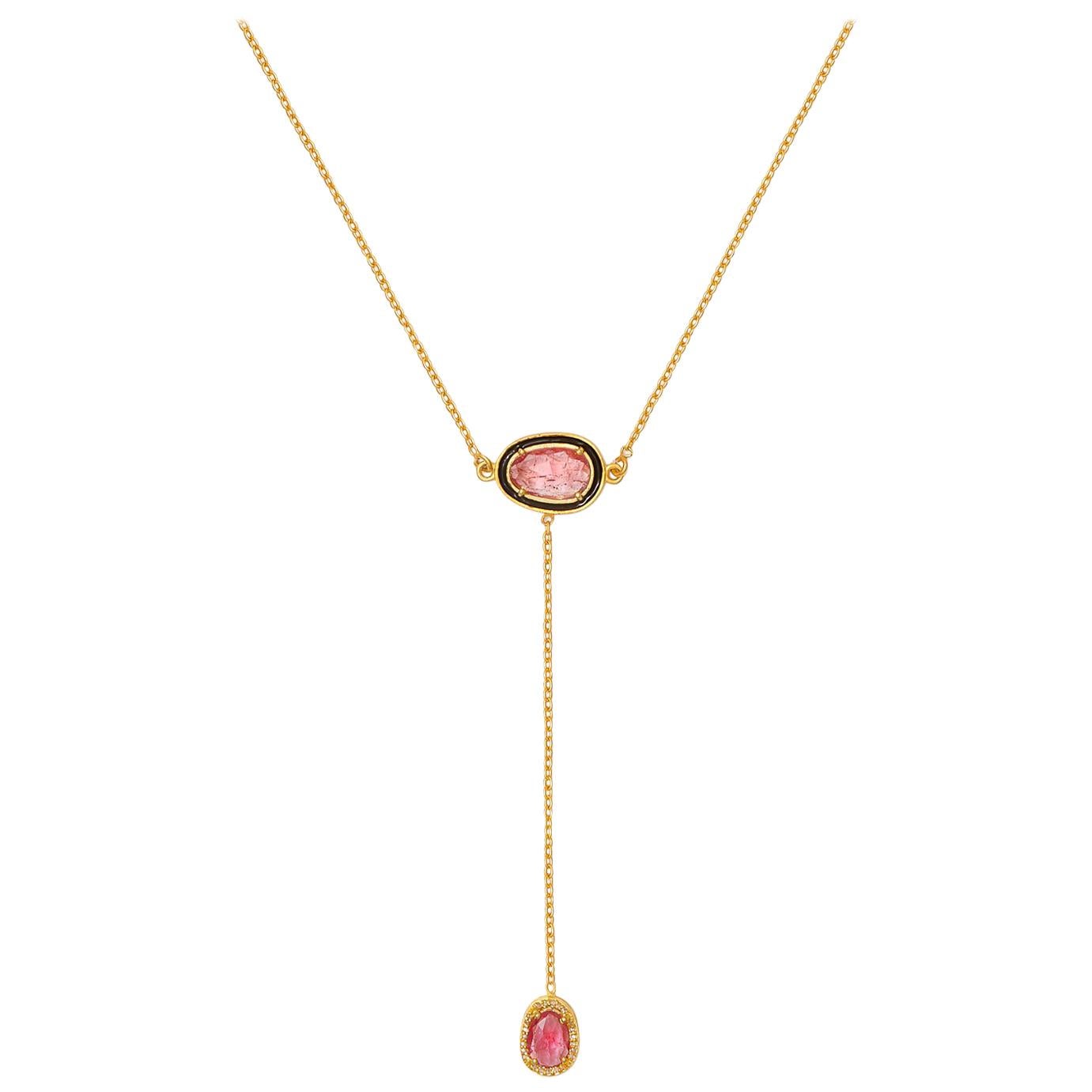 T-Anhänger aus Emaille mit rosa Rosen-Turmalin und Diamant im Angebot