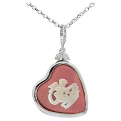 Rosé Pink Vintage Wedgwood Heart Diamond Necklace in New 14K White Gold Setting