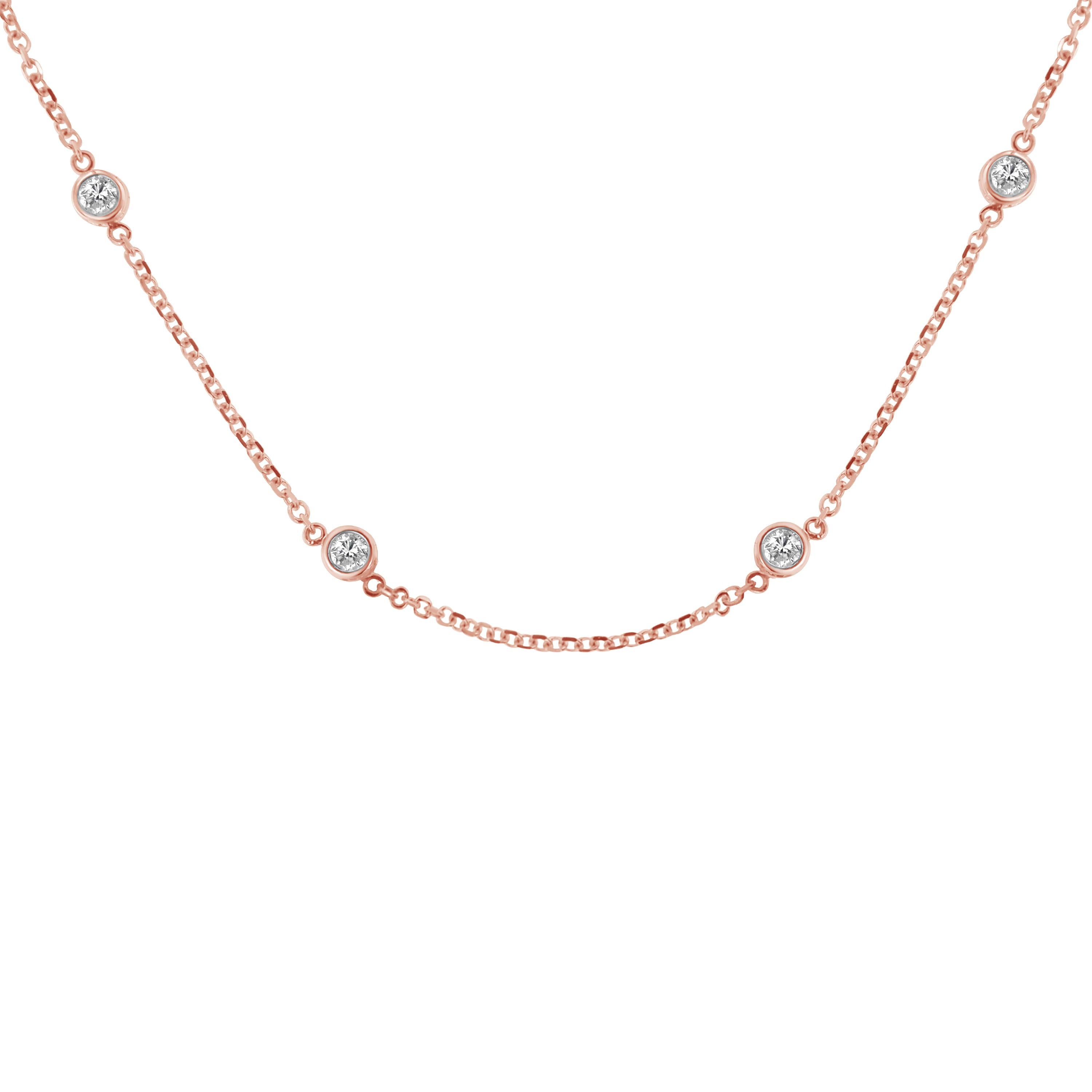 Round Cut Rose Plated Sterling Silver 1.0 Carat Diamond Station Necklace For Sale