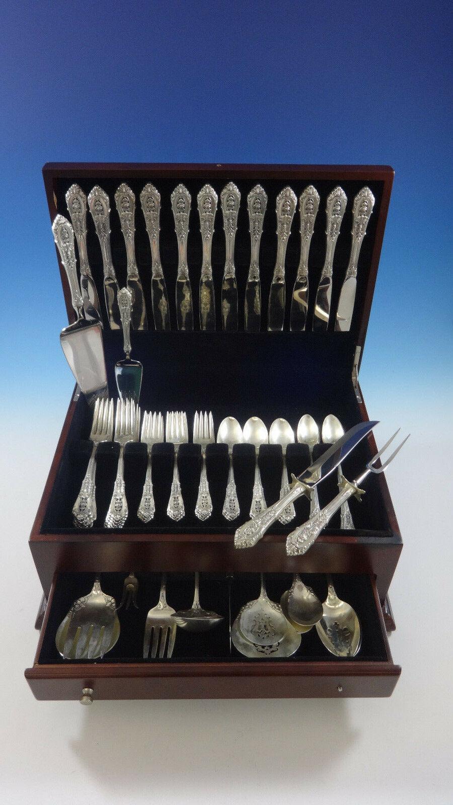 Rose Point by Wallace sterling silver dinner size flatware set, 78 pieces. This set includes:

12 dinner size knives, 9 7/8