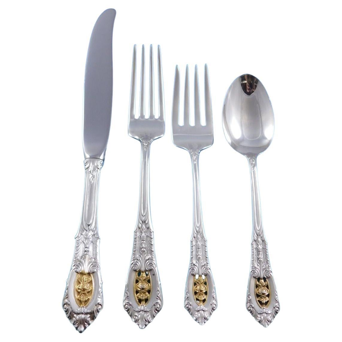 Rose Point Gold Accent by Wallace Sterling Silver Flatware Set 12 Service 48 pcs For Sale