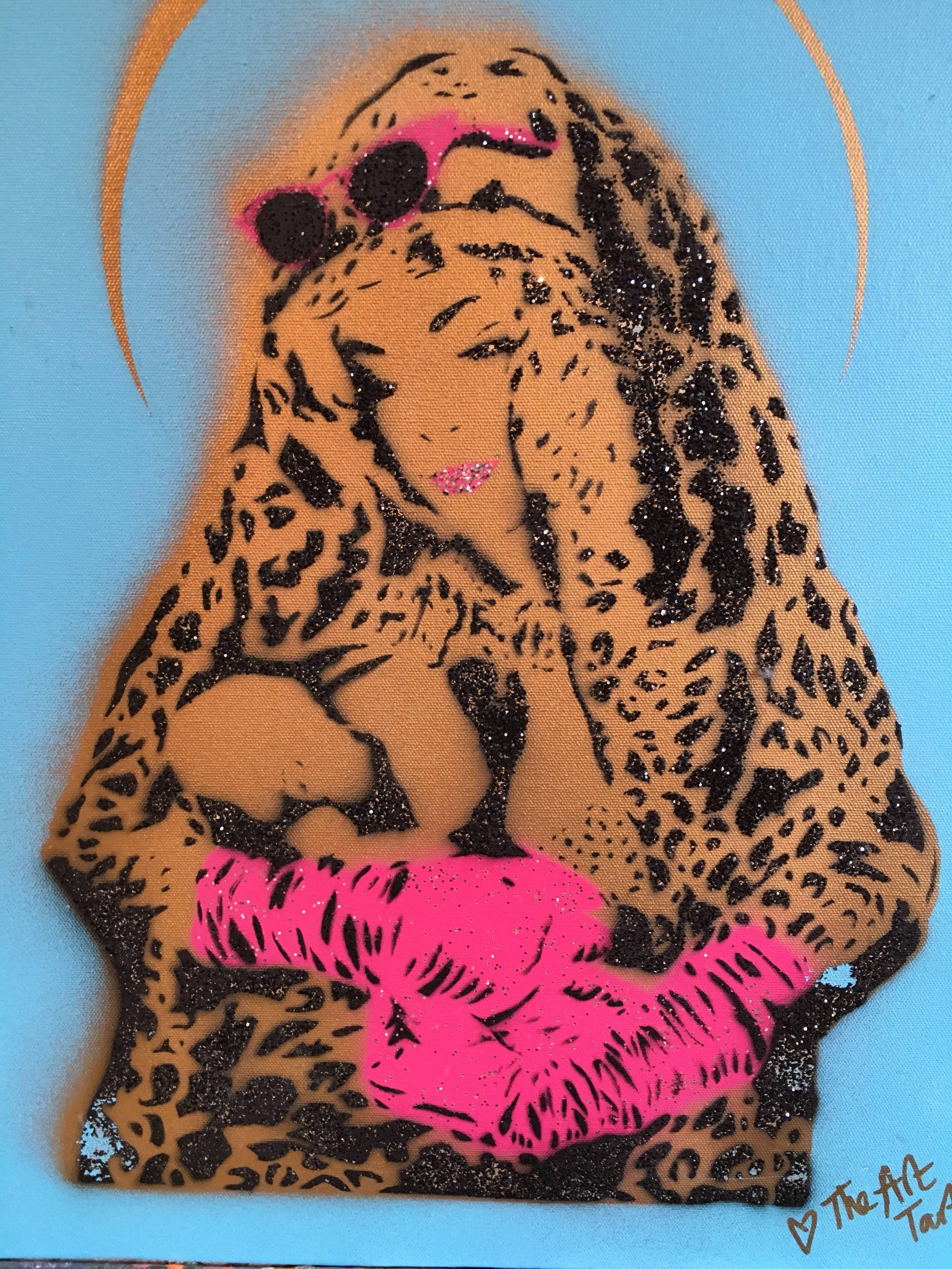 Leopard Print Mother & Child, Street Art - Blue Figurative Painting by Rose Popay aka The Art Tart
