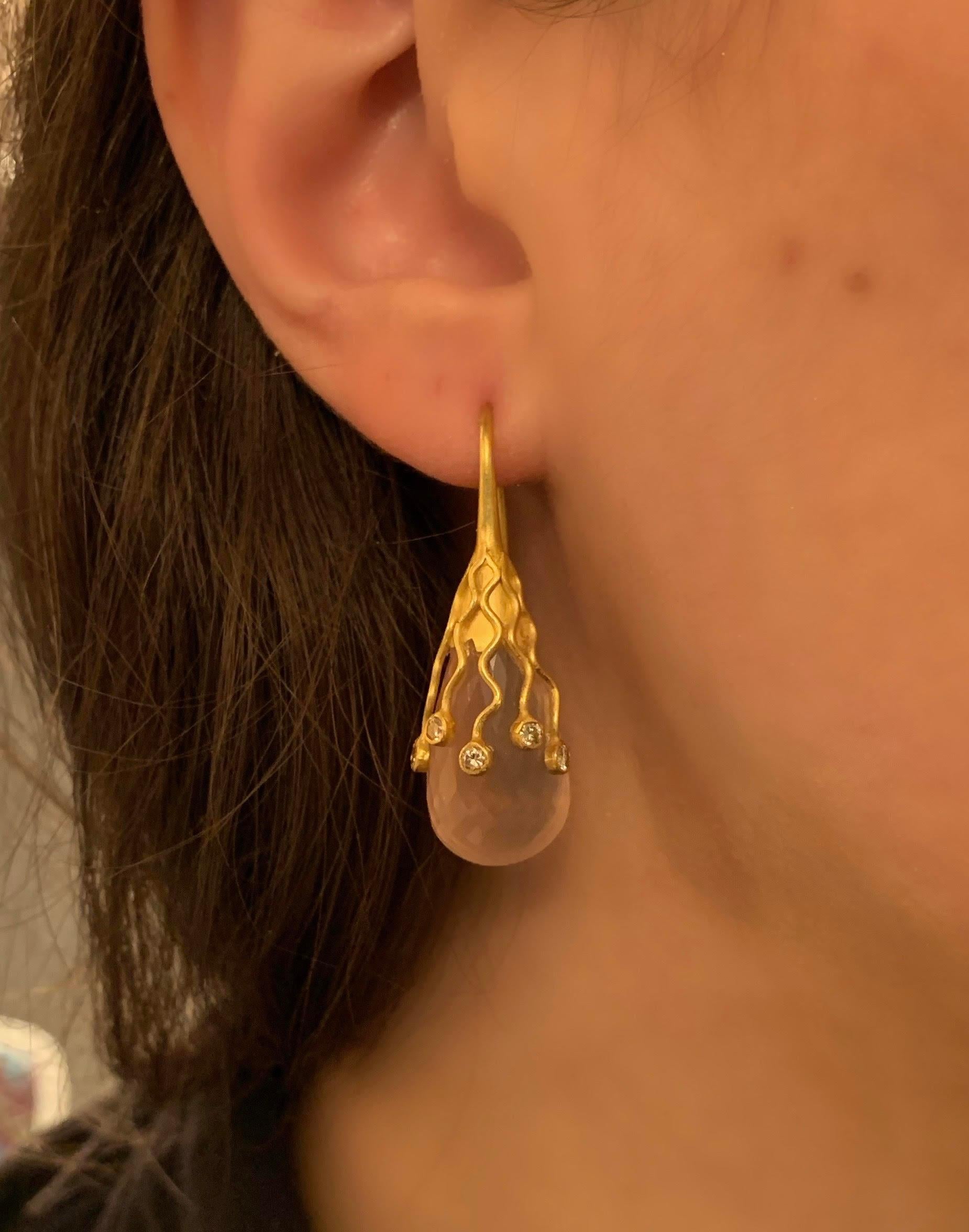 Rose Quarts and Diamond Streamers, Drop Earrings in 18 Karat Gold A2 by Arunashi 2
