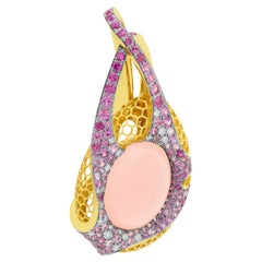 Pendentif en or jaune 18 carats avec quartz rose, diamants de 16,23 carats et saphirs roses