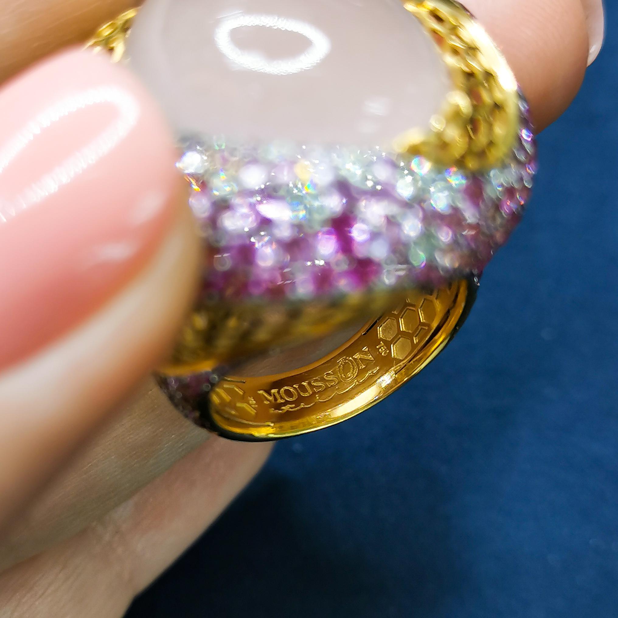 Rose Quartz 17.04 Carat Diamonds Pink Sapphires 18 Karat Yellow Gold Ring For Sale 1