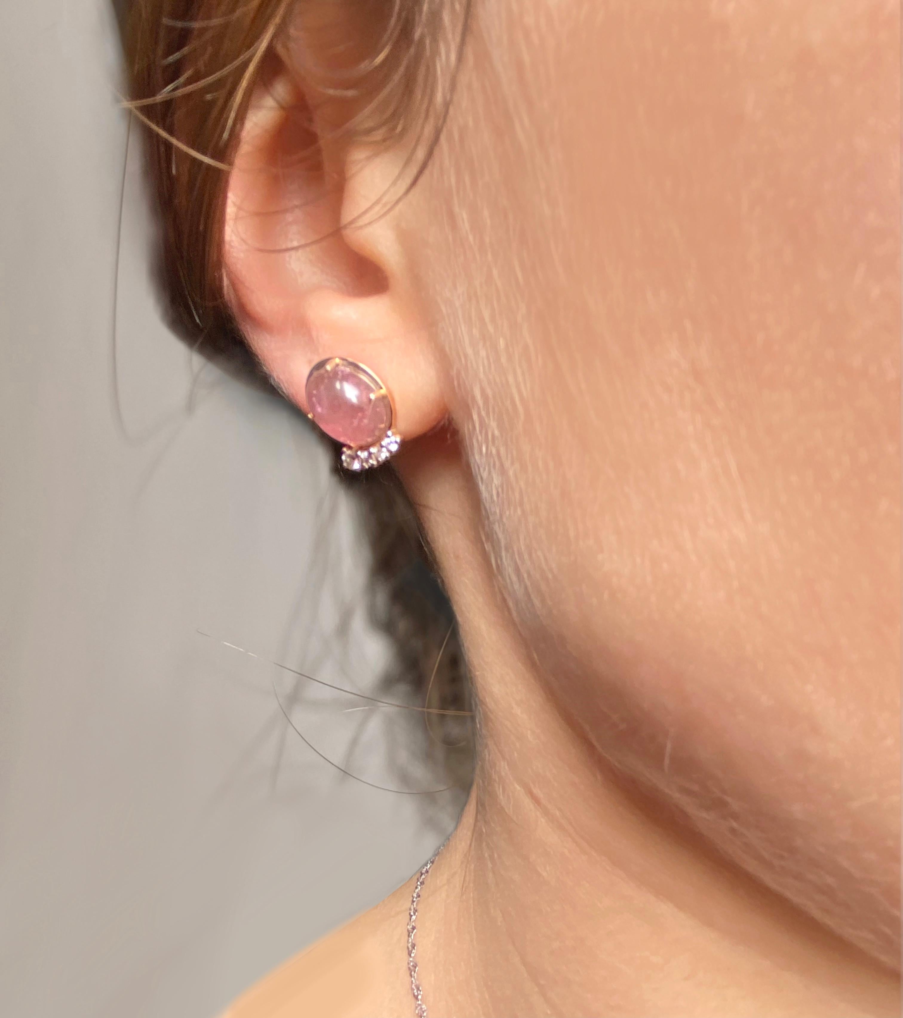 Modern Rose Quartz 18k Gold 0.22 Carats White Diamonds Handcrafted Stud Design Earring