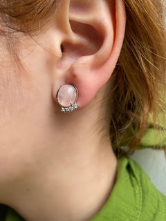 Rose Quartz 18k Gold 0.22 Carats White Diamonds Handcrafted Stud Design Earring