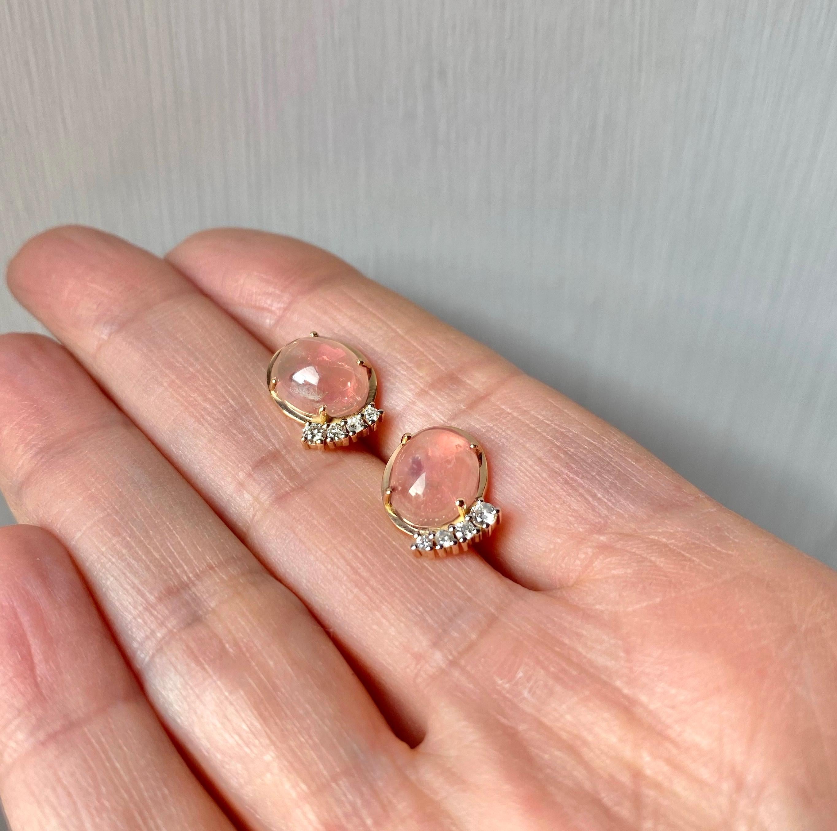 Rose Quartz 18k Gold 0.22 Carats White Diamonds Handcrafted Stud Design Earring In New Condition In Rome, IT