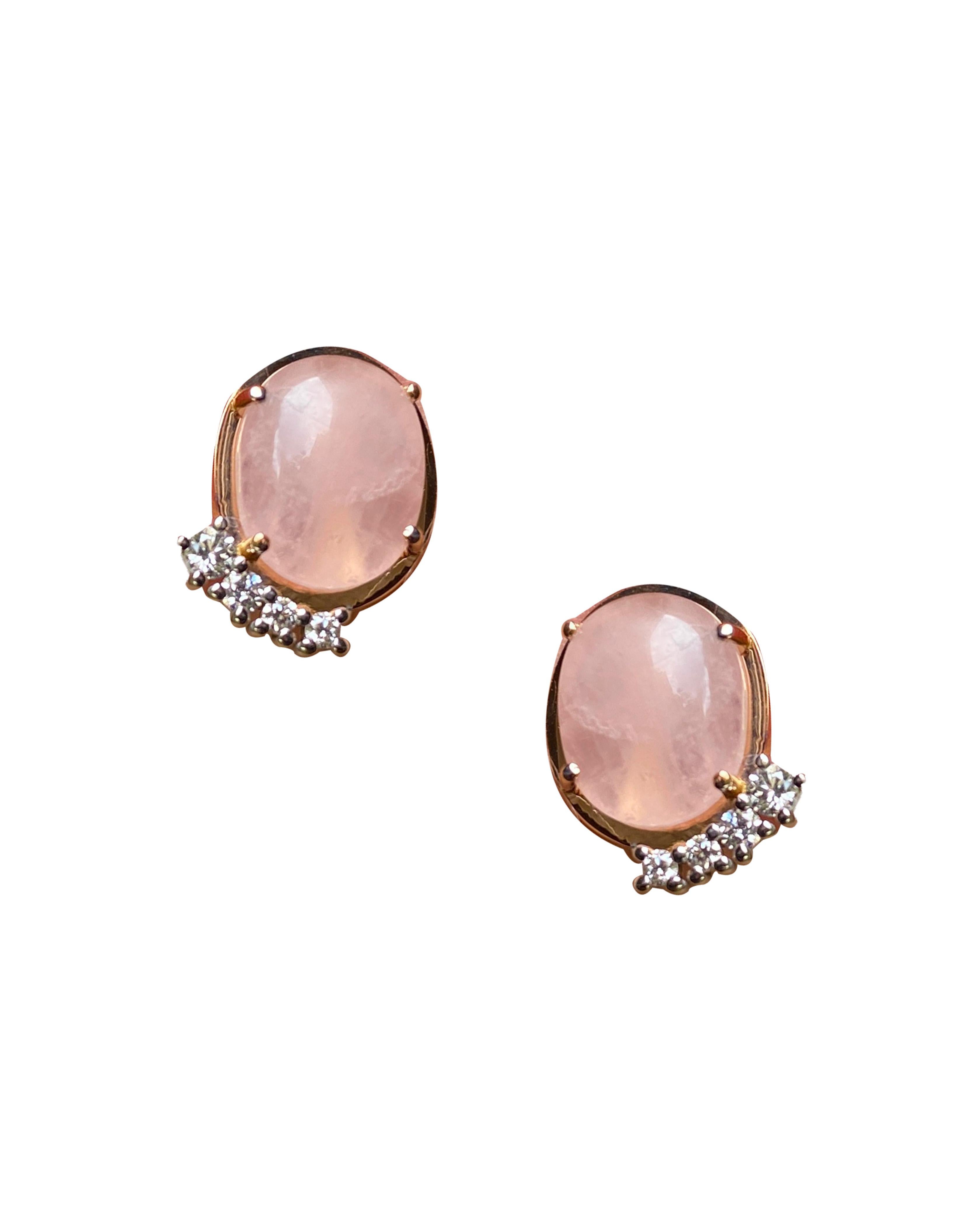 da uomo o donna Orecchino di quarzo rosa in oro 18k con 0,22 carati di diamanti bianchi, fatto a mano e con design a perno in vendita