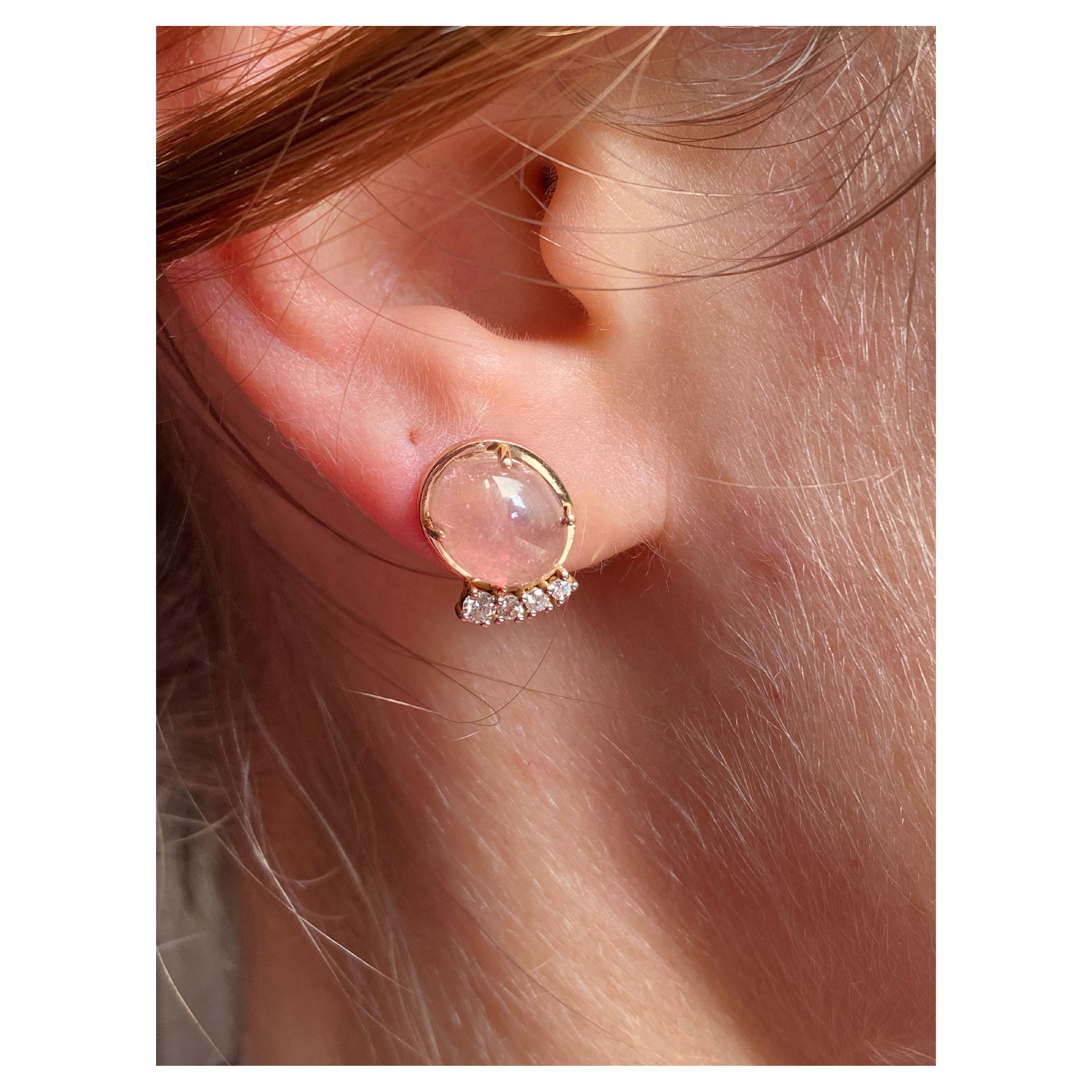 Rossella Ugolini Design Collection Stud Earrings Handcrafted in 18 Karat Rose Gold 0.22 Carats White Diamonds and Rose Quartz Oval cut . 
Dimension 1.4 cm x 1.1 cm h. 0.5 mm
0,55 in x 0,43 in h 0,19 in
Clip-on available on request. The 0,22 carats