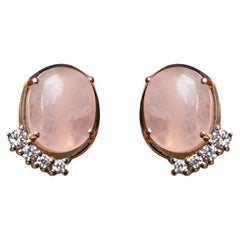 Rose Quartz 18k Gold 0.22 Carats White Diamonds Handcrafted Stud Design Earring