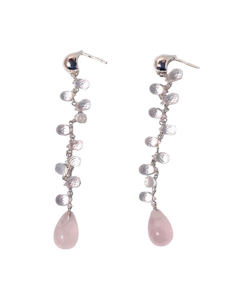 Romantic Rose Quartz 18k White Gold Dangle Earrings For Sale