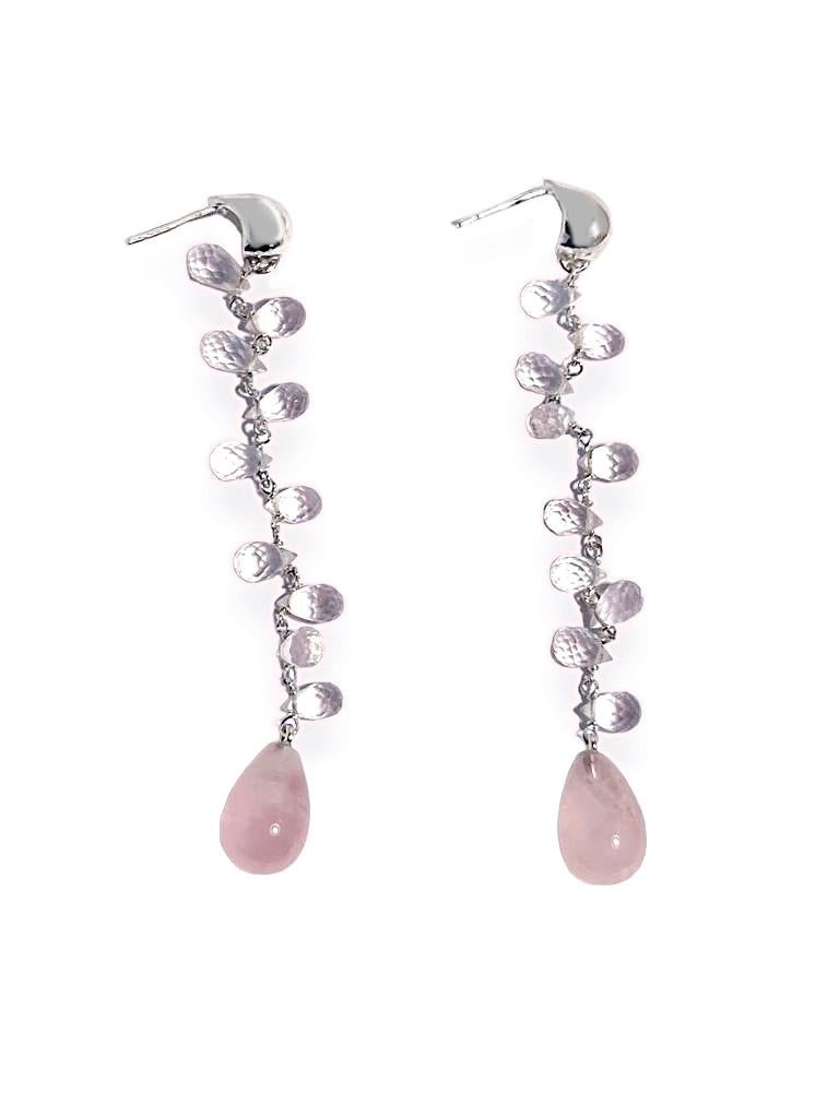 Rose Quartz 18k White Gold Dangle Earrings For Sale 1
