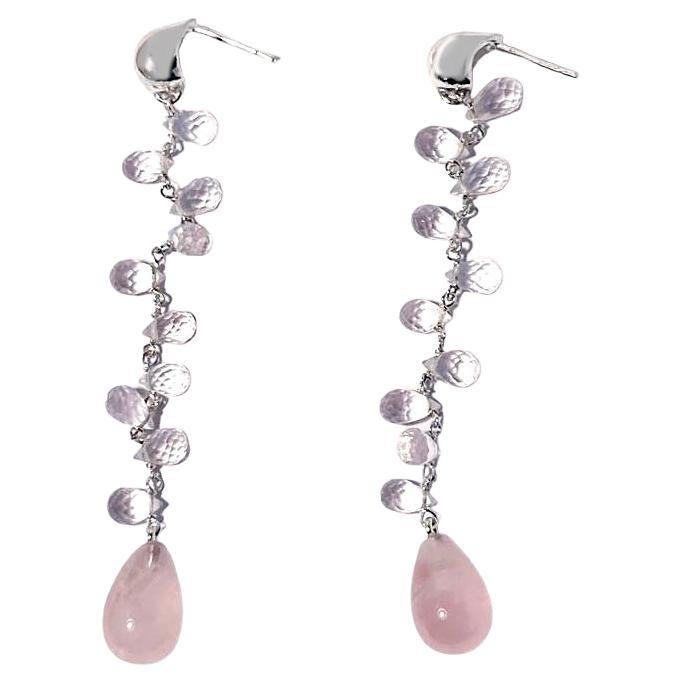 Rose Quartz 18k White Gold Dangle Earrings For Sale