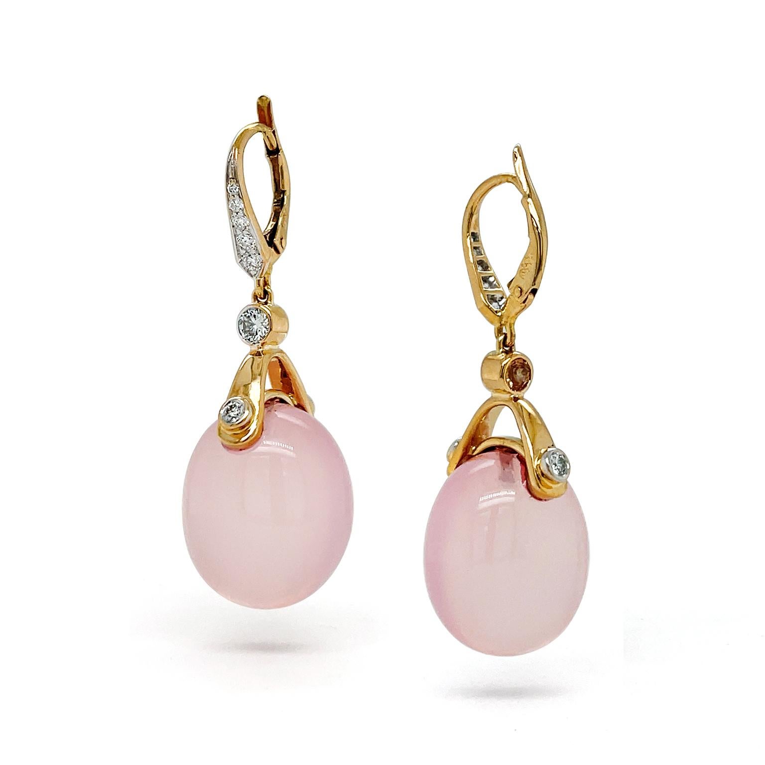 Round Cut Rose Quartz 18K Yellow Gold Lever-Back Drop Earrings For Sale